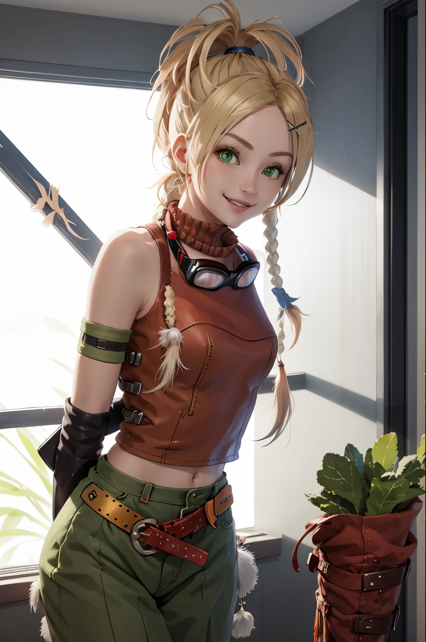 1girl, RikkuX, x hair ornament, goggles around neck, fingerless gloves, midriff, navel, belt, upper body, seductive smile, arms behind back, indoors,