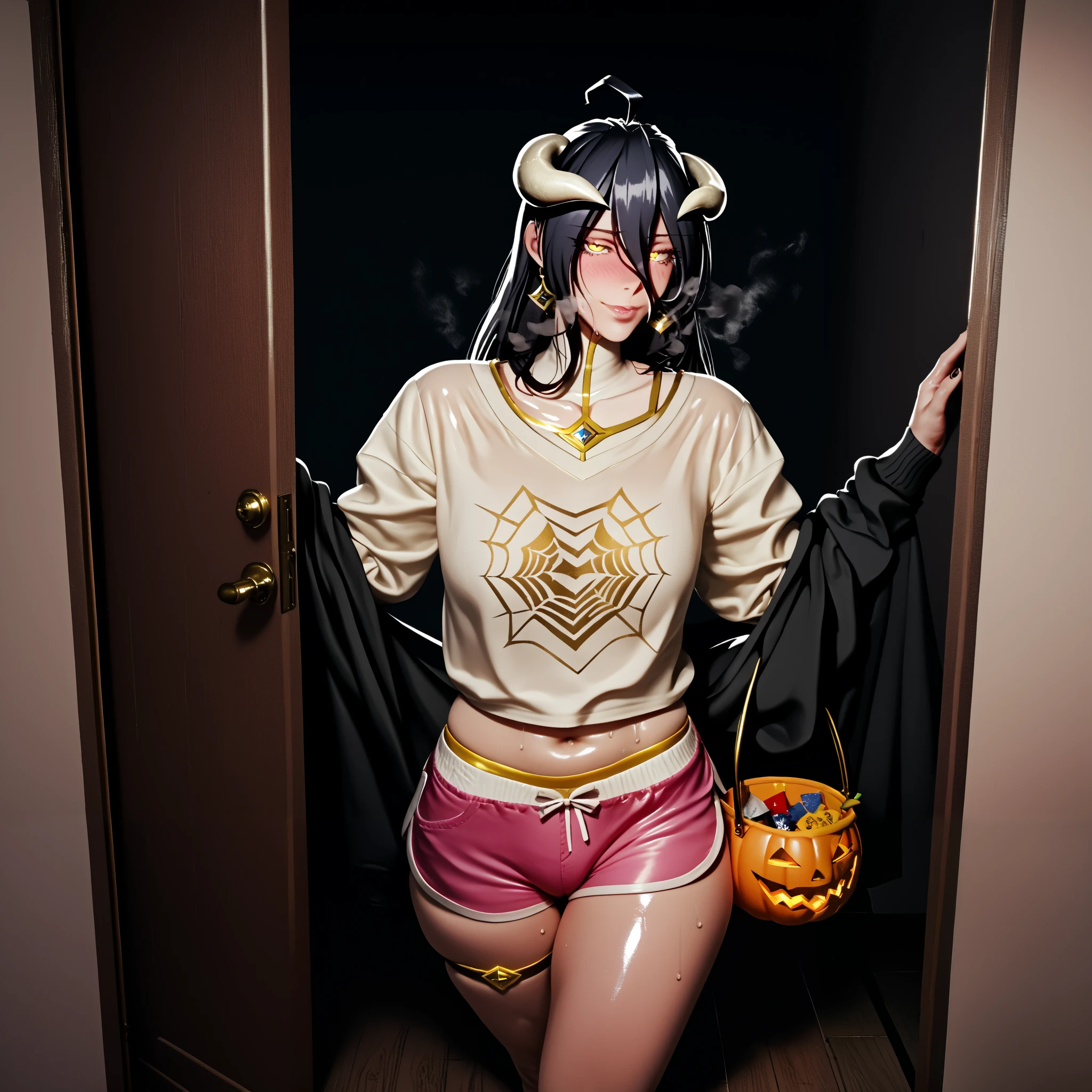 aRoodNoodle,artstyle, soft colors, pastel colors, desaturated, Score_9, Score_8_up, Score_7_up, albedo \(overlord\), black hair, long hair, demon horns, slit pupils, yellow eyes, mature female, anime coloring, anime screencap, shiny skin, (voluptuous:1.3), (thick:1.3), BREAK UHD, retina, masterpiece, accurate, anatomically correct, textured skin, super detail, high details, high quality, award winning, best quality, highres, 4K, black nails, makeup, eyelashes, excessive sweating, sweating, sweating drop, (gasping, heavy breathing:1.3), (skindentation:1.2), perfect eyes, beautiful eyes, eyelashes, makeup, detailed body, perfect body, BREAK, 1girl, solo, breasts, halloween, navel, sweatdrop, looking_at_viewer, jewelry, earrings, halloween_costume, large_breasts, closed_mouth, collarbone, bucket, doorway, standing, heavy breathing, gasping, sweating, excessive sweating, sweating drop, plump, seductive sweating, half-closed eyes, BREAK COSTUME, white shirt, long sleeves, black cardigan, dolphin shorts, short shorts, pink shorts, midriff peek, thigh belt, at bedroom,