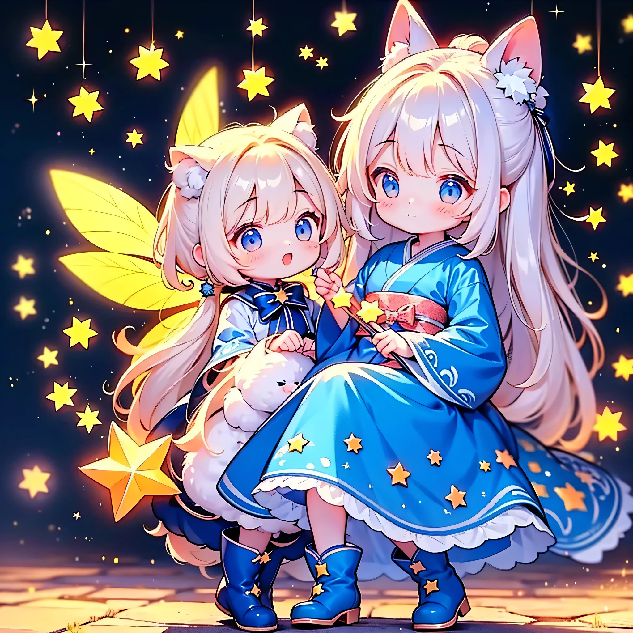 1girl \(Milky white to royal blue gradient hair color、 long hair、 cute、 pretty face、、 Complete anatomy)、quality\(highest quality、 The Greatest Masterpiece、 Official Art、 the best dynamic composition 、 more details、 high definition 、CG、HHD、32K)、 color\(Orange and navy color palette、Neon Color 、Blue Light)、Star Fairy\(Fairy wings hanging from the waist )、clothes\( orange and dark blue gothic lolita kimono 、 Long Boots )、big ribbon on the head、What to bring\( magic stick、huge、Star-shaped decoration)、