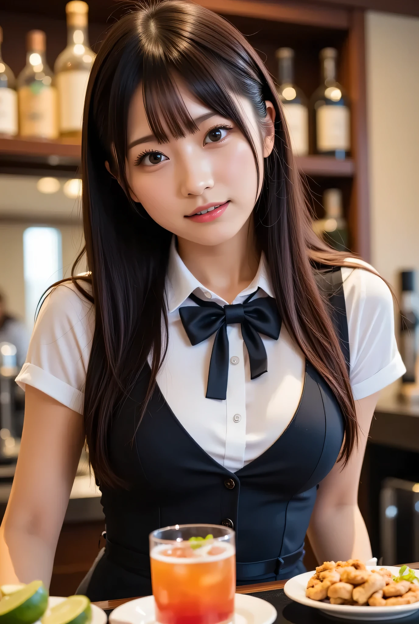 She is a bartender in a New York bar, standing at the bar in her bartender's attire, cummer vest, bow tie, and wing collar shirt, with fancy cocktails and tasty snacks on the bar counter. looking at viewer.