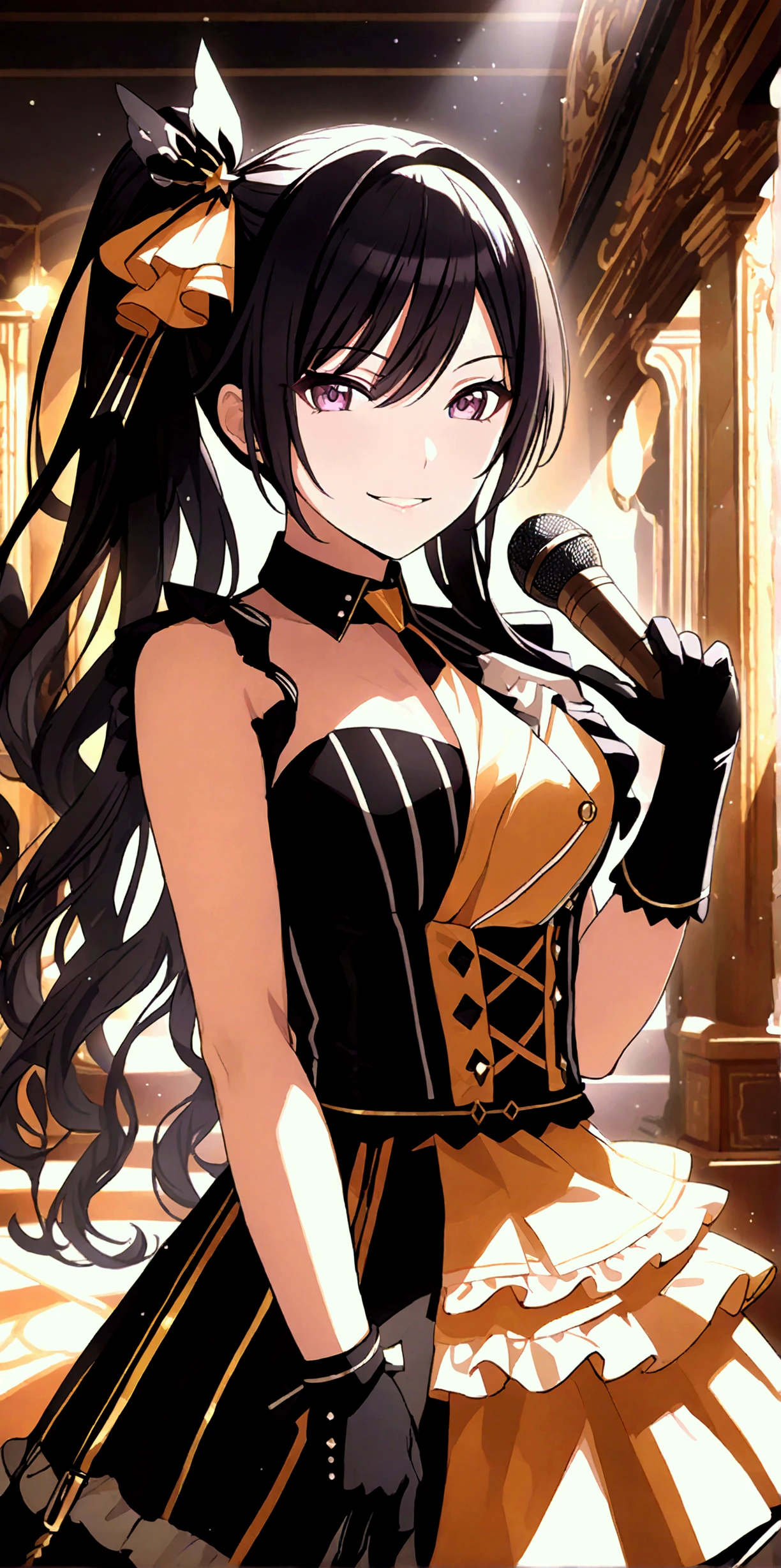 (Steampunk-inspired study background),(panties :1.2),(Posing as if singing into a microphone :1),1girl,long hair,pink eyes,ponytail,bow,hair bow,very long hair,smile,ribbon,pink bow,black hair,large breast,<lora:HimariNo-008:0.8>,cat ears, (:d face)