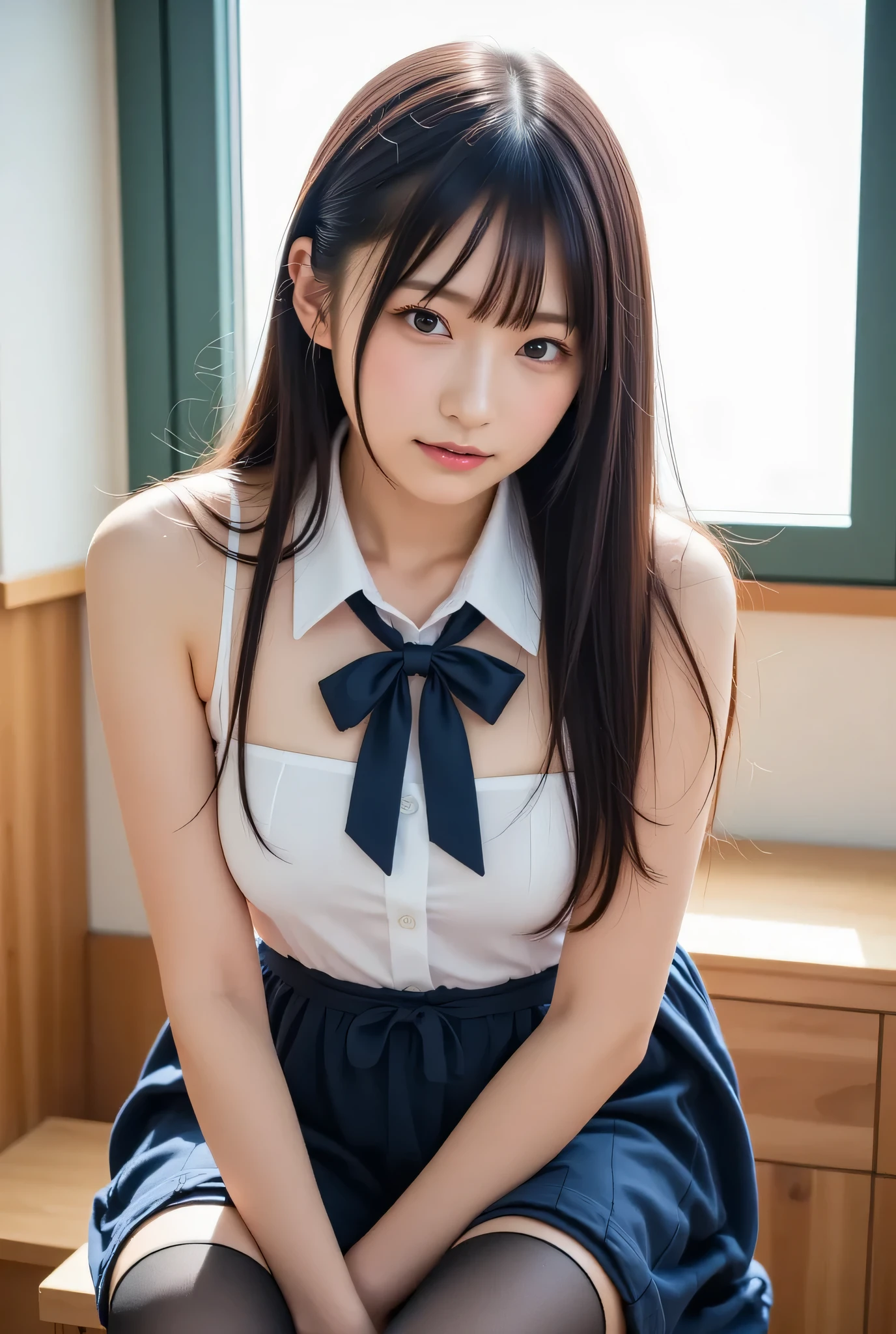 Ethereal portrait of Japanese student, crystalline classroom light creating prism effects. Traditional uniform meets contemporary fashion, black thigh high socks emphasizing youth. Cross-legged pose on wooden chair, dreamlike atmosphere. Cinematic color grading, split-toning, shallow depth of field, Medium format film aesthetic,