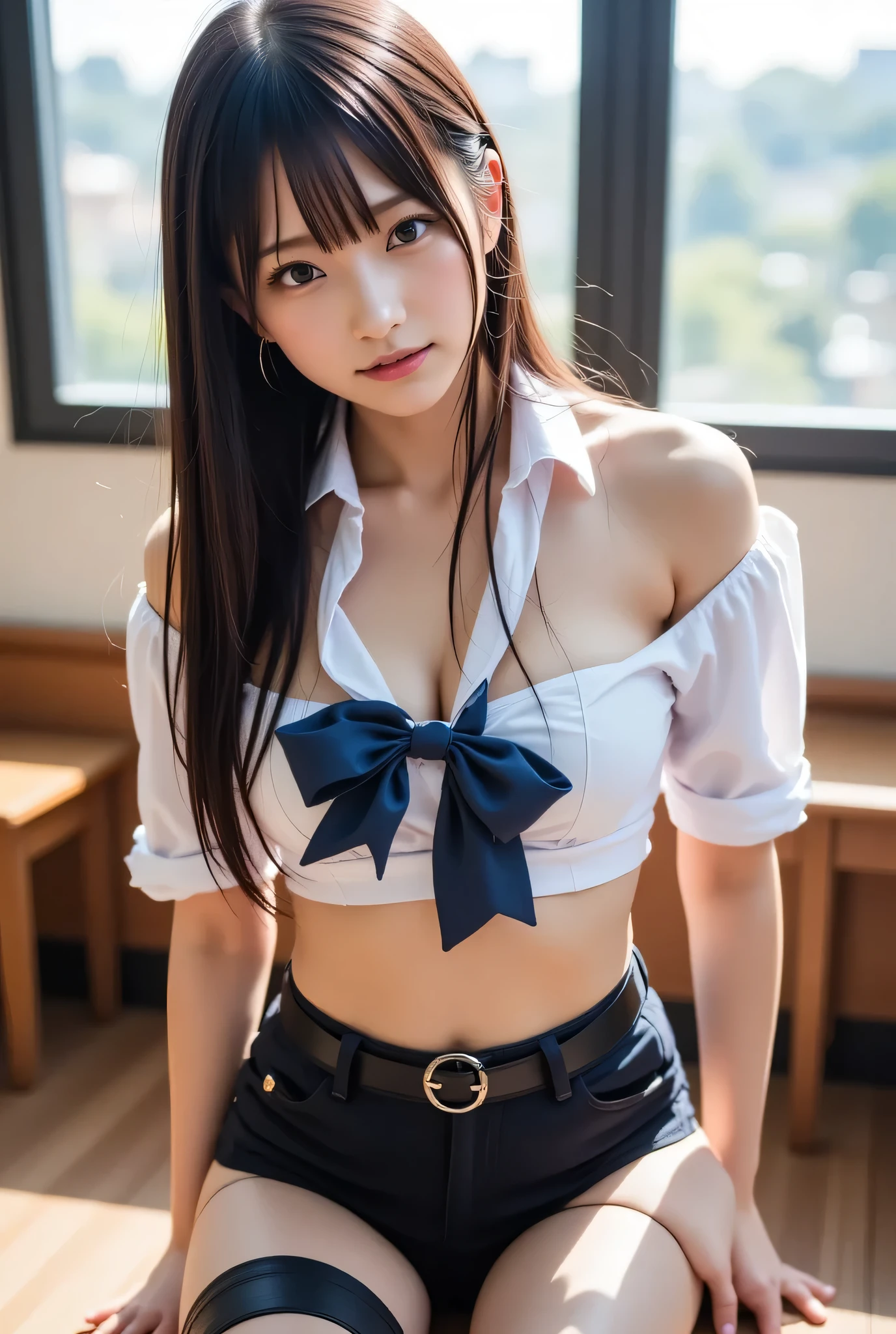 photorealism、highest quality、Super high resolution、picture、Photo of an exquisitely beautiful Scandinavian girl、extraordinary beautiful girl、Highlights of cheek luster、cute and beautiful face details、(Pure Eros Face_v1:0.008)、beautiful bangs、shiny skin、shiny beautiful bright hair、Silky hair、thin hair、high definition eyes、perfect body, Bright and clear, Eyes shine attractively、eyeliner、Body shape like double eyelids、disappointed、exposed cleavage、beautiful nipples、white mucus sticks everywhere,,,、溢れたsperm、sperm、、 blush、humiliation、impatience、disappointed、It was scary、glare、embarrassing、open your knees、make sexual acts public:2.0）、Teasing the crotch、grab your chest、Insert your finger into the 、white panties、Sparkling small earrings and necklace、disheveled clothes、dressing、exposed panties、stockings、drenched in sweat、thin underwear、18-year-old, A neat and clean woman , upturned chest, On a desk in a classroom、Black-brown hair、blue gray eyes,(girls high school uniform:1.4)、