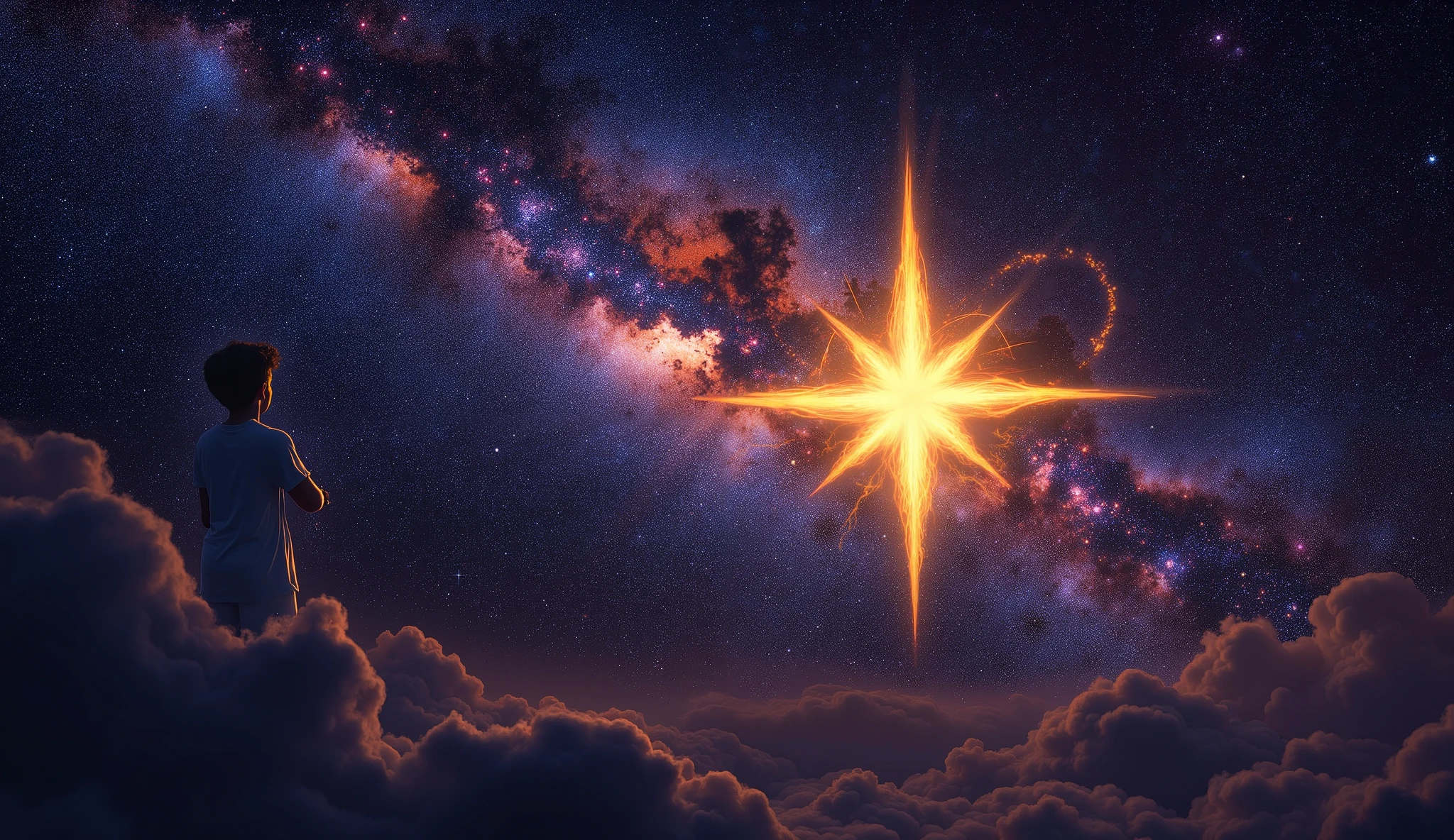 **Image Prompt:**
"In the vast expanse of the cosmos, a radiant star glimmers brightly, symbolizing eternal glory and devotion. The star, representing Dhruva, is situated prominently in the Milky Way galaxy, surrounded by countless other stars, nebulae, and celestial formations. This particular star shines with an ethereal golden light, exuding divine energy and an aura of immortality. It appears larger and more luminous than the surrounding stars, signifying its exceptional status as a celestial being.
The backdrop is a mesmerizing canvas of the galaxy, with vibrant swirls of blue, purple, and deep black interspersed with sparkling constellations. Wisps of interstellar clouds and clusters of stars add depth and mystique to the cosmic scene. The Milky Way's band stretches across the horizon, creating a luminous pathway in the infinite sky.
In the foreground, a subtle translucent silhouette of a young boy—Dhruva—can be seen, symbolizing his divine journey and transformation. He stands with folded hands in a posture of eternal devotion, his figure glowing faintly with a golden hue. His expression is serene and filled with divine contentment, embodying his unyielding faith and the blessings of Lord Vishnu.
The overall atmosphere is majestic and otherworldly, with the boundless universe serving as the stage for Dhruva's immortal story. Soft light rays emanate from the central star, casting a gentle glow that illuminates the surrounding space, evoking a sense of wonder, spirituality, and the infinite possibilities of devotion and determination."