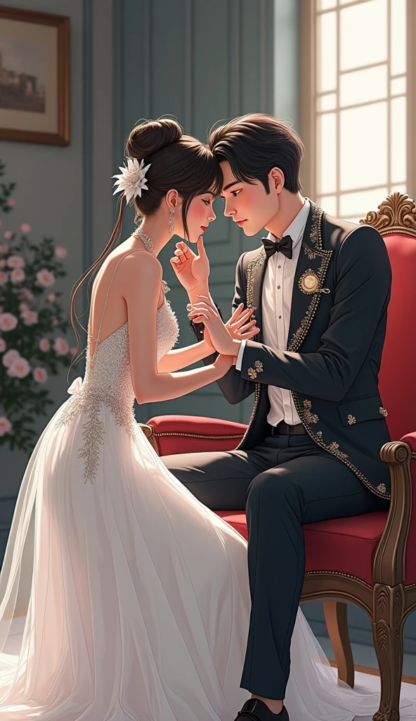 A 24-year-old pianist with brown hair and green eyes stumbles into a luxurious rehearsal room, pouring water on an elegant man with dark hair and blue eyes holding sheet music.