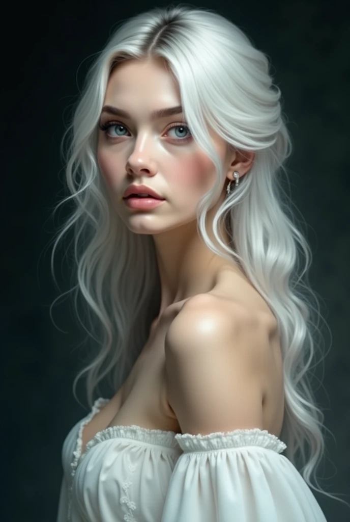Surreal Portraits of Women by David Hockney and Alphonse Mucha,fantasy art, Realistic picture, dynamic light, art station, poster, Volumetric light, The page is very detailed., 4 ก, won,, 1 girl, in the dark, deep shadow, low voice,cowboy shoot,(formal clothes:1.4) ,long hair,white hair,, bare, see nipples
