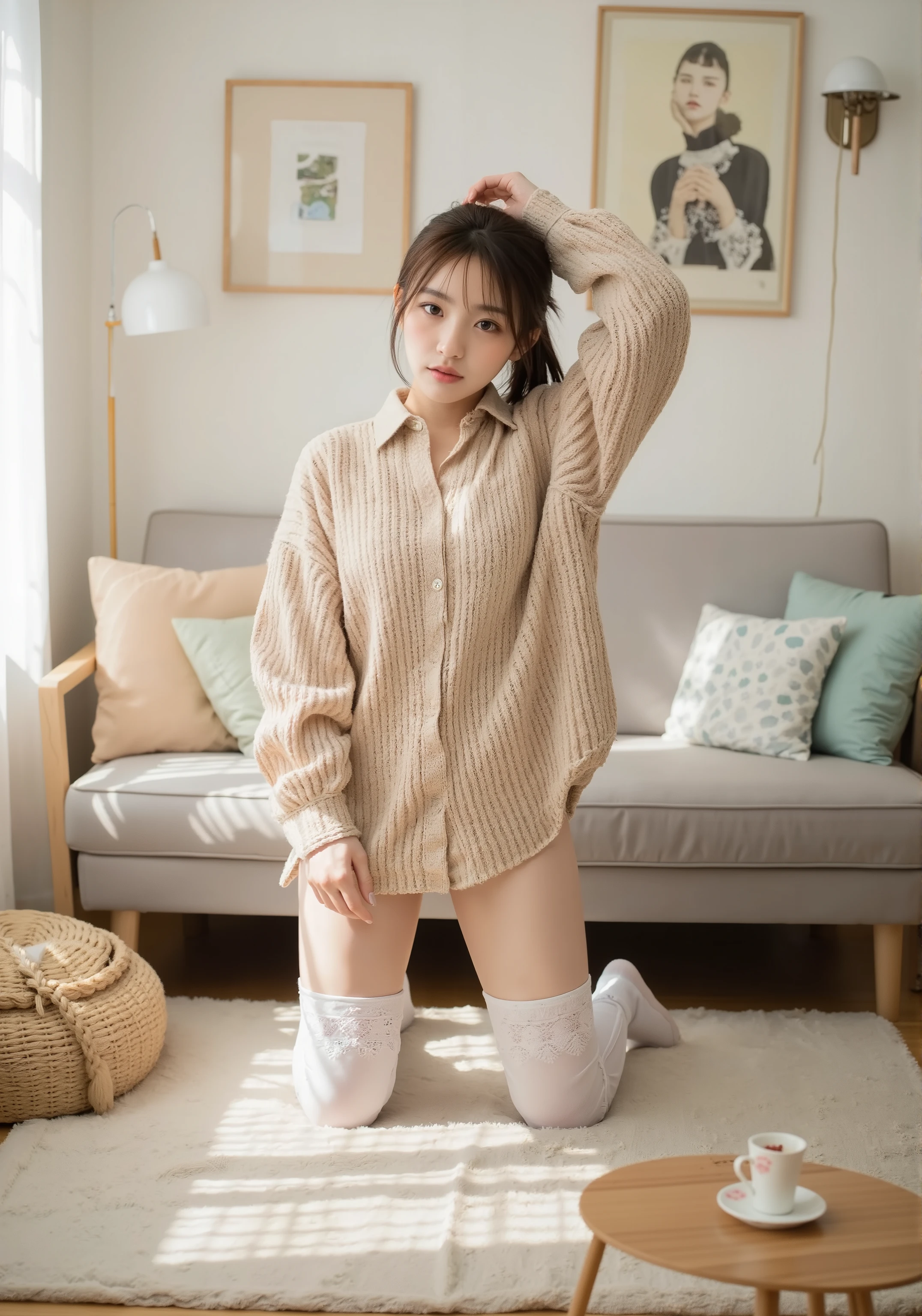 Goal: "Subtle expression of a Japanese woman with a romantic and melancholic atmosphere"
Environment: "Dim indoor room with evening sunlight"
Space: "Bedroom corner by the window, with a messy bed"
State: "Quiet and reflective"
Location: "Modern Japanese apartment bedroom"
Structure: "Window, white lace curtain, bed, sofa, table"
Cover: "Lace curtain swaying gently in the breeze"
Decoration: "Minimalist and sophisticated interior"
Position: "Standing by the window, touching the curtain with one hand, slipping other hand inside shirt"
Color: "Warm evening light contrasting with dark shadows"
Color Variation 1: "Soft orange"
Color Variation 2: "Deep blue-gray"
Color Variation 3: "White and beige"
Background Color 1: "Dark room shadows"
Background Color 2: "Sunlight streaming through the window"
Lighting: "Evening sunlight highlighting specific areas, creating contrast"
Weather: "Clear evening"
Season: "Autumn or winter"
Mood: "Romantic and melancholic, silent lingering atmosphere"
Movement: "Slight head tilt, half-closed eyes, slipping one hand inside shirt"
Sound: "Distant car noise, faint breeze"
Scent: "Faint perfume scent lingering in the air"
Temperature: "Slightly chilly"
Texture: "Soft, slightly damp skin with a gentle glow, delicate lace, glossy lips, wrinkled bedsheets"
Perspective: "Close-up side profile, emphasizing contrast between light and shadow"
Height: "Eye level"
Distance: "Medium shot (focus on face, hand, and background details)"
Size of Objects: "Standard human size"
Placement of Objects: "Standing near the window, messy bed, wine glass and lipstick-stained cup on table"
Clothing: "Oversized men's shirt, mini skirt, white lace thigh-high socks, white lace panties"
Hairstyle: "Extra long hime cut hair, slightly messy, strands falling over face"
Facial Expression: "Romantic and melancholic, slightly head tilted, half-closed eyes, faint blush on cheeks"
Makeup: "Glossy lips, subtle eye