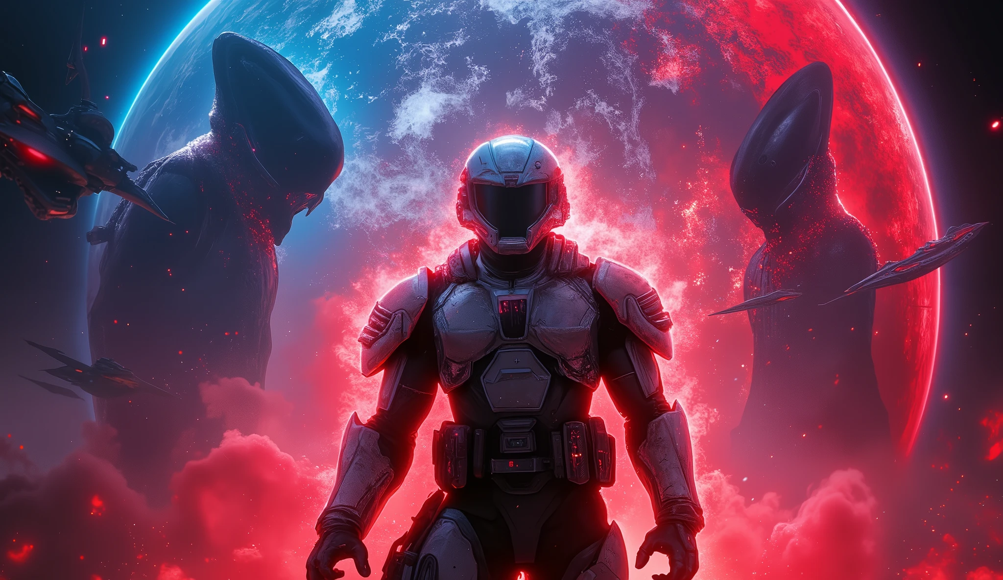 "Humanity's Final Warning to the Galaxy: WE’RE READY! | Epic Sci-Fi | HFY Story"

In the thumbnail:

Show a powerful human soldier standing boldly in front of a futuristic Earth, with a glowing, intense aura around them.
Include a dramatic, alien fleet in the background, looming menacingly.
Use intense, contrasting colors (red, blue, and white) to make the image pop and convey tension and urgency.