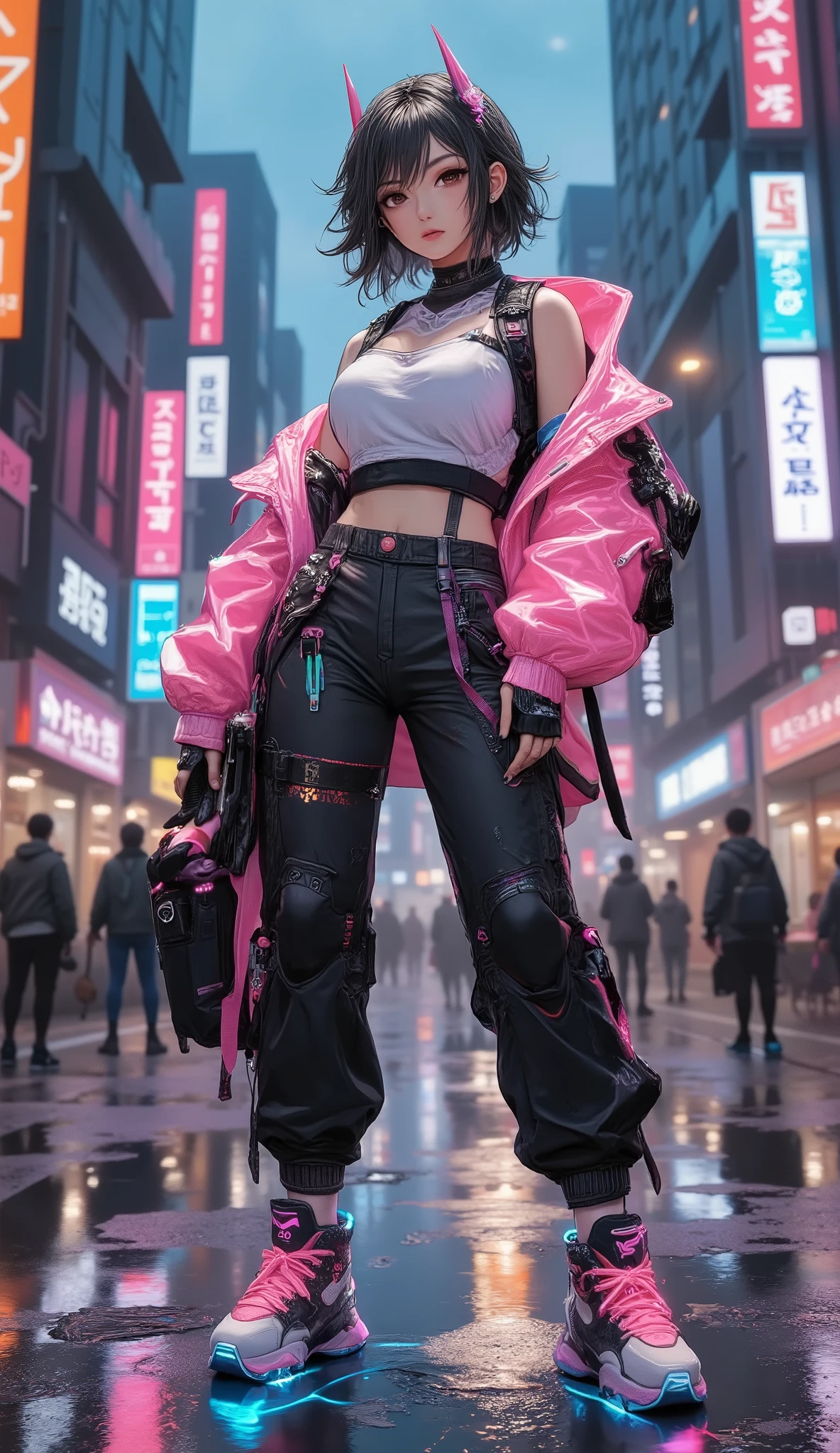 High resolution, realistic, dramatic scene, (Korea's Beautiful Women) Cyberpunk street fashion, futuristic vibrant hues outfit, neon pink and blue lighting, holographic jacket, luminous sneakers, urban nightlife background, high-rise buildings, neon signs, wet city streets, reflective surfaces, vibrant colors, dynamic standing pose, confident stance, edgy hairstyle, glowing accents, sci-fi aesthetic, dystopian cityscape, high contrast, cinematic lighting, 8K resolution, hyper-detailed