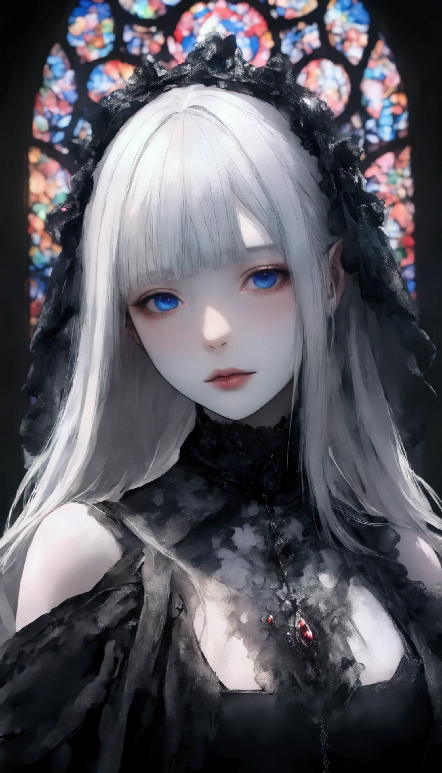 (U high resolution, retina, Masterpiece,  accurate,   replaces an anatomically correct  ,  textured skin,  very detailed,  Attention to Details,  High Quality , 最 High Quality ,  high resolution, 1080P,  high resolution, 4K, 8k, 16k), ( beautiful details,  tall beautiful lip detail,  very detailedな目と顔),   studio lighting ,  Physically Based Rendering ,  bright colors, ( Gothic Dress), ( portrait,  shiny hair,   shiny skin with s), [ Stained Glass Windows , Bokeh], (Tilt your head at an angle:1.5), Eye Reflexes, (:1.5), (Gothic art,  blue-white skin,  from above:1.5),  black and white,