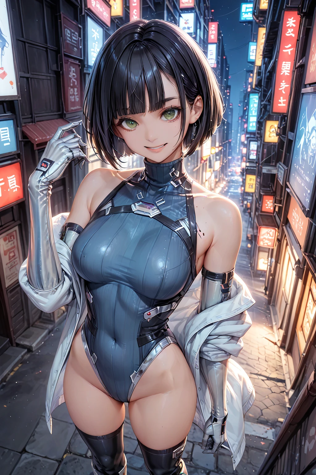 woman,20-year-old,,city,night,white tight miniskirt bodysuit,(Harada Makoto),open mouth smile,(((See-through)))