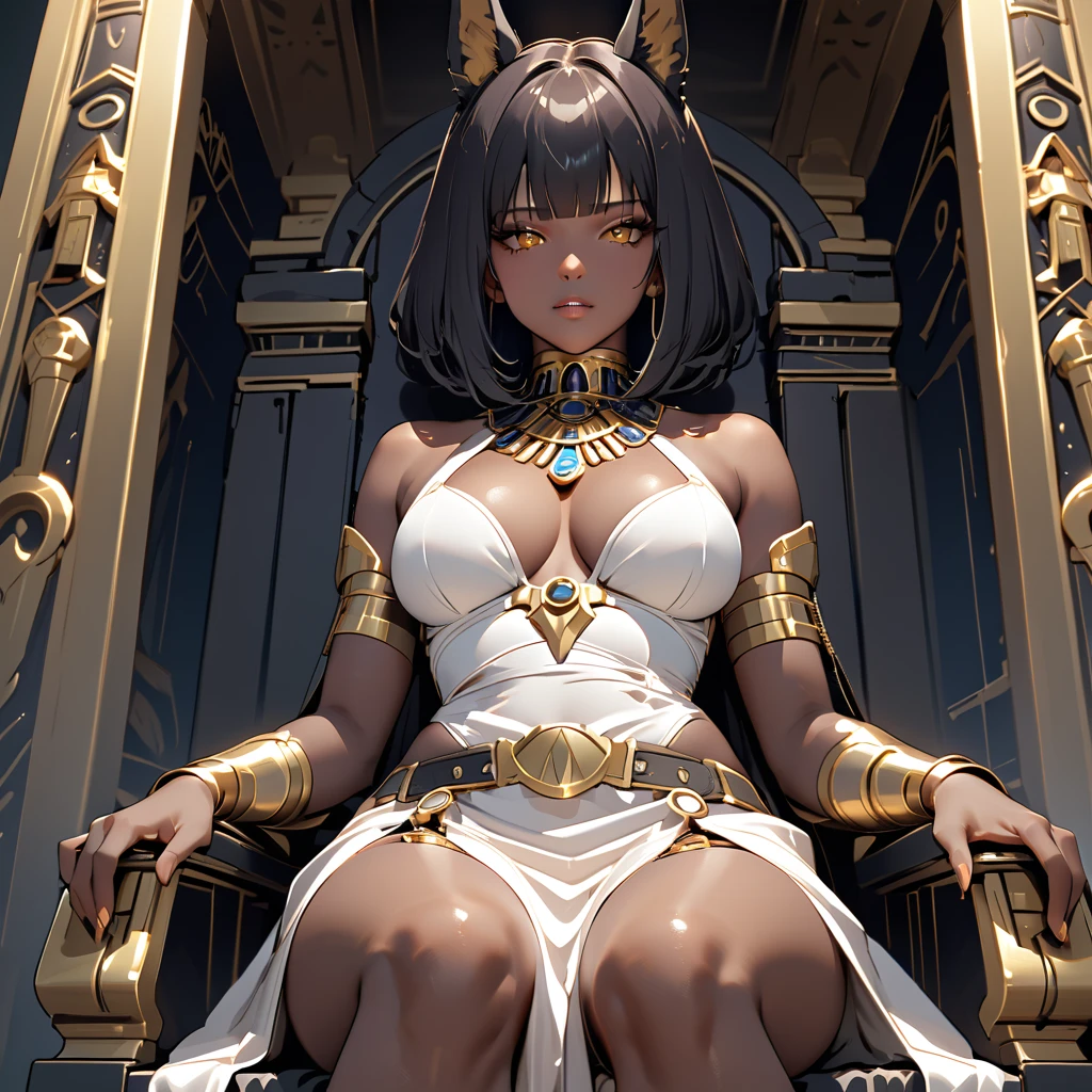 A goddess with black cascading hair and exquisitely proportioned curves sat gracefully on an ornate throne. Her ample bosom, with its generous cleavage, was accentuated by the low-cut, shimmering gown she wore. Her svelte waist contrasted dramatically with her voluptuous thighs, each clad in thigh-high stockings that added an alluring touch to her divine appearance. The goddess closed her captivating eyes, lost in thought as she pondered the mysteries of the universe. Her image, bathed in divine ethereal light, was a breathtaking sight, a testament to beauty and power. (Maximum quality, dramatic lighting