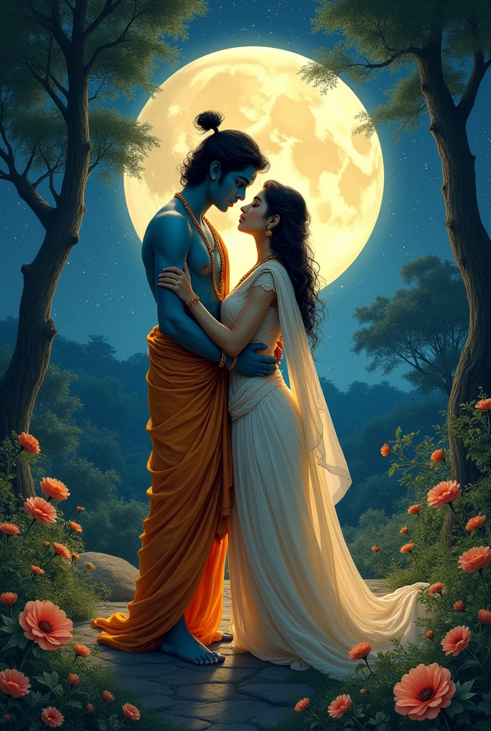 krishna with a then background is should be night sky with moon face should straight with radha is sleeping in his arm