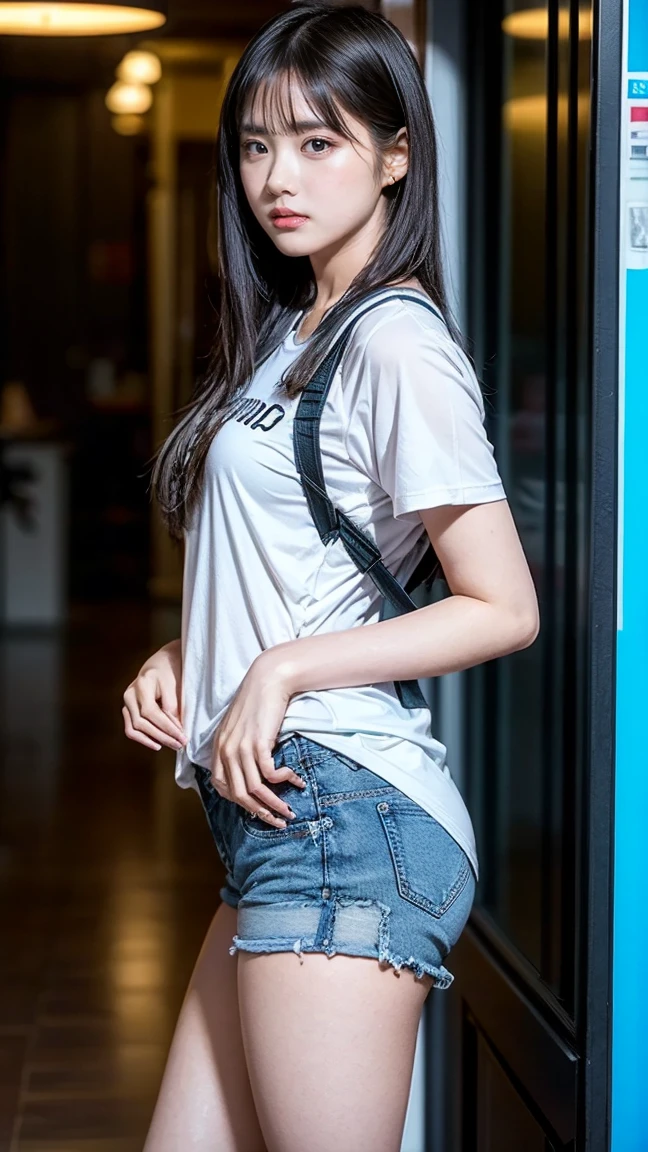 wear tight jeans，Tall guy，White lace T-shirt，Plump buttocks，Full breasts，Realistic faces，largeeyes，detail-rich，mano，skin textures, Whiten skin，cabelos preto e longos，The back is charming，Wearing a black mask，In Wuzhen