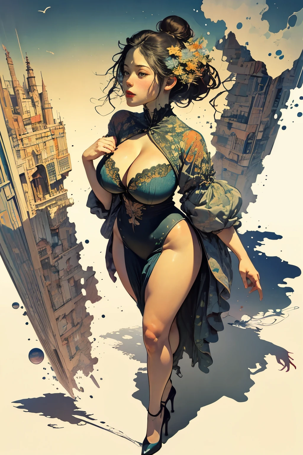 a   female giant walking in a city, her shadow cover the half buildings ,bird's eye view,cleavage, high heels,big breasts,vibrant colors,deep blue sky,
fine art oil painting, in the style of Alcohol Texturing and Alphonse Mucha 
