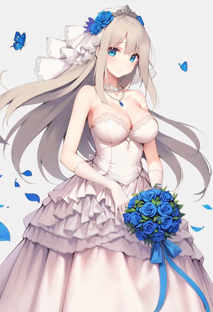 lexington \(warship girls r\),((masterpiece)),(((best quality))),((ultra-detailed)),((illustration)),((disheveled hair)),((frills)),(1 girl),(solo),
1girl, bare shoulders, blue bow, blue eyes, blue flower, blue ribbon, blue rose, blush, bouquet, bow, breasts, bridal veil, cleavage, closed mouth, dress, earrings, elbow gloves, flower, full body, gloves, gradient, hair flower, hair ornament, holding, holding bouquet, jewelry, long hair, looking at viewer, medium breasts, necklace, petals, pink rose, purple rose, ribbon, rose, smile, solo, strapless dress, tiara, veil, very long hair, wedding dress, white dress, white gloves, white rose, flaxen hair, No legs visible