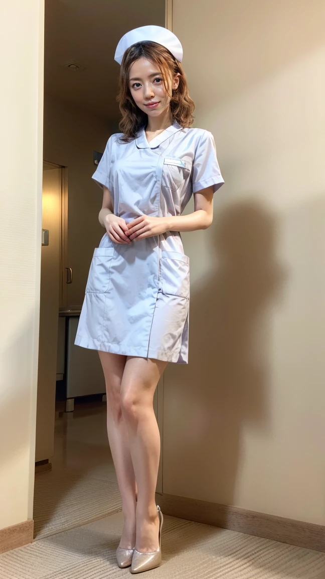 Highest quality, (Beautiful nurse:1.2)、Back view、slouch、looking at the camera、Larger breasts、Embarrassed、Cleavage、Lift up your skirt
