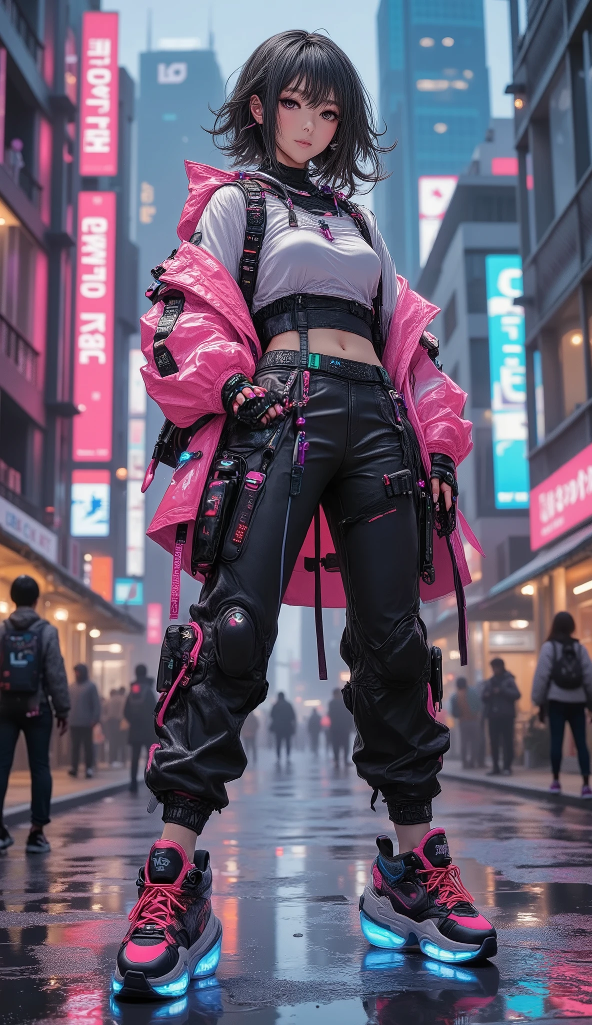 High resolution, realistic, dramatic scene, (Korea's Beautiful Women) Cyberpunk street fashion, futuristic vibrant hues outfit, neon pink and blue lighting, holographic jacket, luminous sneakers, urban nightlife background, high-rise buildings, neon signs, wet city streets, reflective surfaces, vibrant colors, dynamic standing pose, confident stance, edgy hairstyle, glowing accents, sci-fi aesthetic, dystopian cityscape, high contrast, cinematic lighting, 8K resolution, hyper-detailed