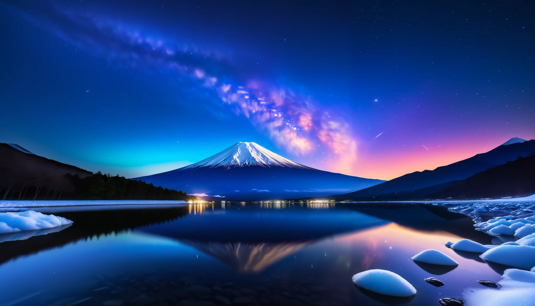 in ultra high quality, high definition , High Quality ,Spectacular views, the giant and realistic Milky Way galaxy that dazzles the night sky , sky full of stars,An unbelievable number of stars々The brilliance,A majestic, bright Milky Way star on a vast glacier々and the auroras shine are reflected 、(( the huge Mt. Fuji that rises in the center )),The majestic Mt. Fuji、The glacier extends to the horizon 、 Jagged ice layers and snow-covered mountain peaks 、 reflects the colorful light above 。 BREAK The stars twinkle in the dark and clear sky 、 The surrounding landscape is wrapped in the surreal glow of the Milky Way 、 creates a mysterious atmosphere 。 BREAK The cool and clear air adds color to the landscape 、 snow shines in the milky way and the gentle light of auroras、 The frozen wilderness is so calm that it seems unbelievable。An unbelievable amount of stars々,I can see lots of meteor showers ,