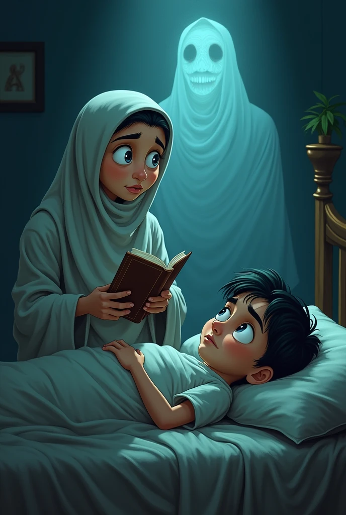 A twelve-year-old boy is holding a water jug ​​upside down inside the room. A lady is lying on the bed with a blanket on the side. 
The scene will be Arabic.