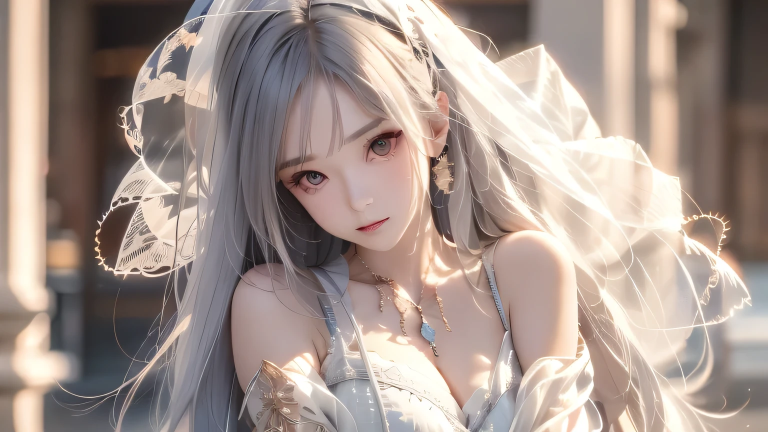 one girl is sitting 、 holding my knee、 beautiful、The transparency and texture are beautiful、 as smooth as pottery or glass, red eyes,Shoulder to shoulder tattoo , smooth texture,