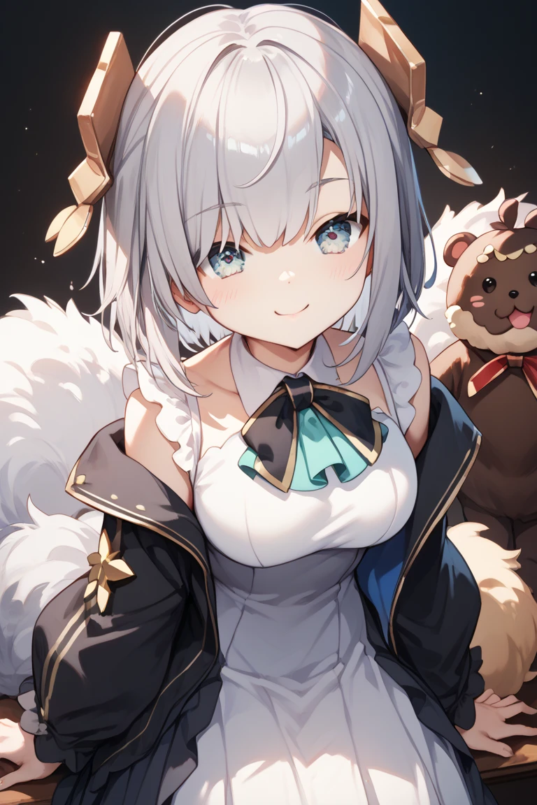 masterpiece,best quality,<lora:firefly_new:1>,firefly \(honkai: star rail\), 1girl, solo, animal_ears, breasts, gloves, bell, cat_ears, animal_hands, hairband, cleavage, looking_at_viewer, bow, white_background, long_hair, black_hairband, bowtie, simple_background, neck_bell, upper_body, blue_eyes, jingle_bell, bangs, paw_gloves, closed_mouth, bare_shoulders, grey_hair, virtual_youtuber, hair_between_eyes