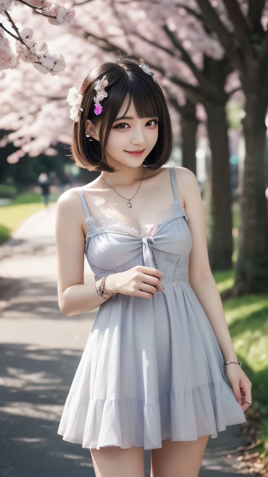 light pink hair, pink eyes, pink and white, cherry blossom leaves, Bright colors, white dress, paint splashes, simple background, ray tracing, wavy hair
