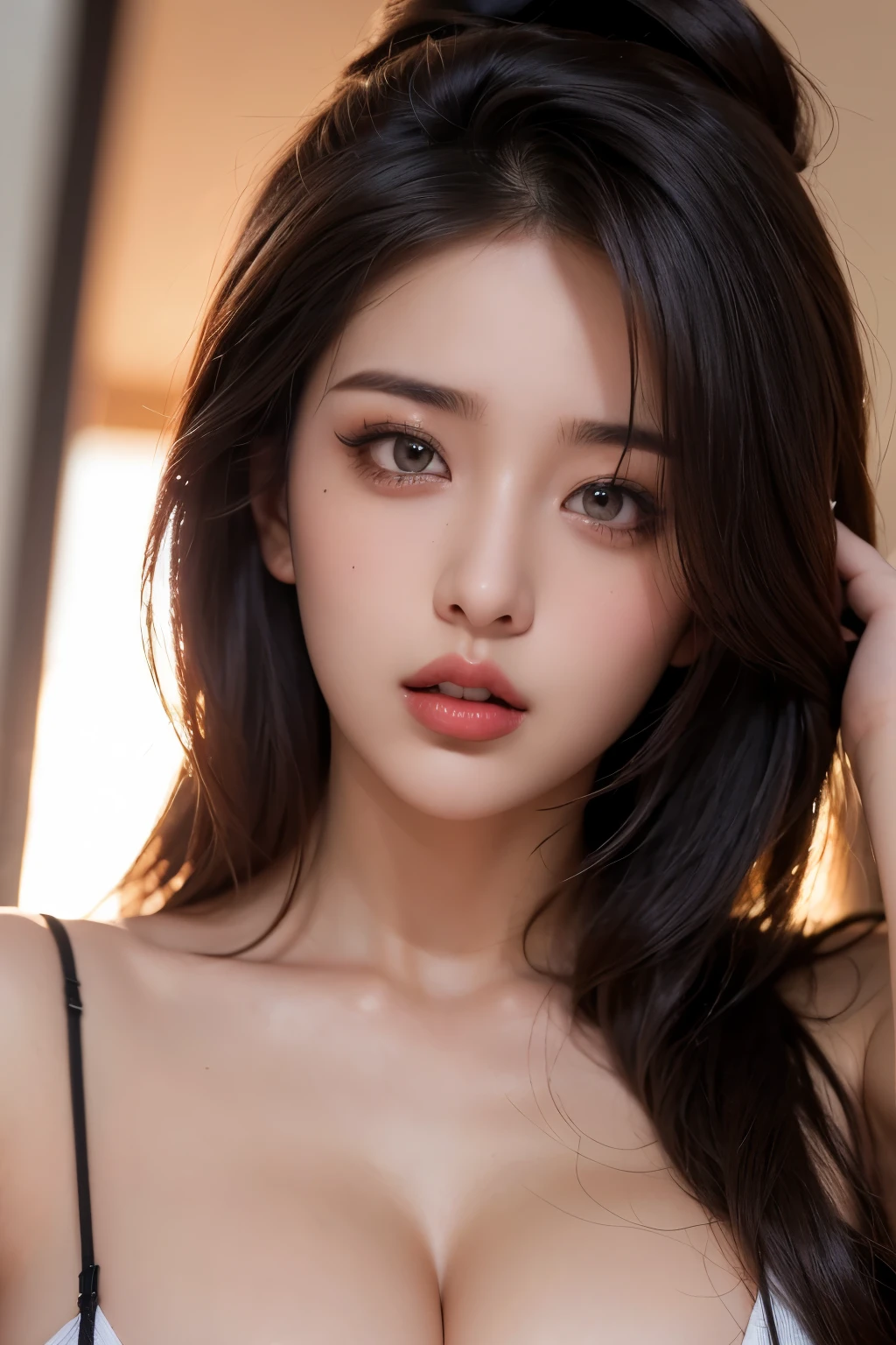 Create a 64K CG image (ultra-hyperrealistic:1.5) of a sexy and attractive girl with trendy outfit lace black dress. The picture should be full of vibrant, ultra-sharp detail (ultra-sharp detail:1.5) and stunning color depth (color depth:1.25). Her sexual features (sexual features:1.2), bewitching eyes, rosy cheeks, and a seductive smile - should be the center of attention. The image should mimic the unparalleled clarity and color vibrancy of a photo captured with an ultra high-end camera like the Hasselblad H6D-400c MS, (using a 24mm lens with an F/2.8 aperture:1.4), (medium breasts with cleavage:1.2), (very detailed beautiful gray eyes and clear eyebrows and (no natural modest lip corners:1.2) and medium brown hair:1.2), (perfect lighting, side lighting, light leak, shiny skin:1.5), ulzzang-6500-v1.1