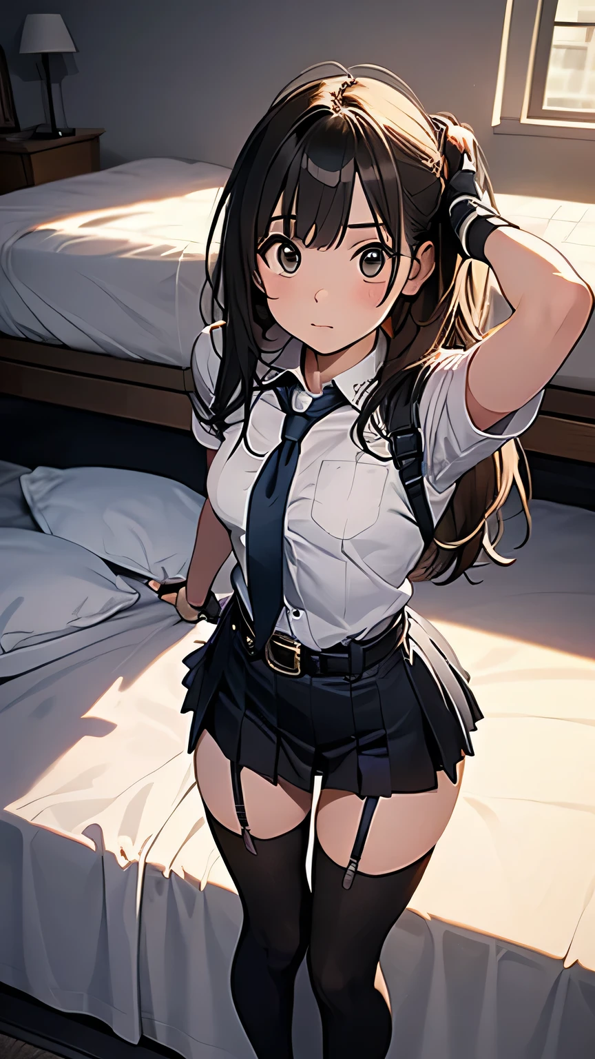 1 female, , high quality, masterpiece, Ultra-high resolution, , Cinema Lighting, , , And the suspenders with the cranes flying Moderate breasts Large Breasts Small face holster Lying in bed Looking up Sweat belt summer 脇Sweat Black Hole Gloves suit garterbelt Leg Links ズボンにbelt holster Hands behind your back Anxious expression Looking up Anxious face Knee-high Knee socks Knee-highソックス garterbelt garter ふとももにgarterbelt Checkered mini skirt tie