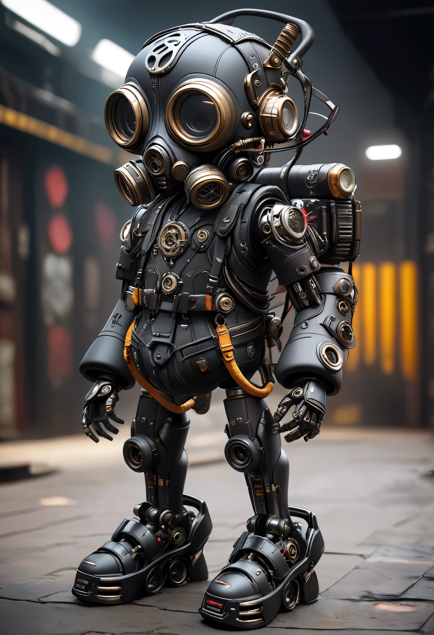 ((The textures are soft)), ((matte and toy-like with a handmade premium look)), ((Tim Burton style)), Dark, cyberpunk android, gas mask, intricate mechanical details, High Definition, masterpiece, Accurate, top quality, High Definition model, high detail,