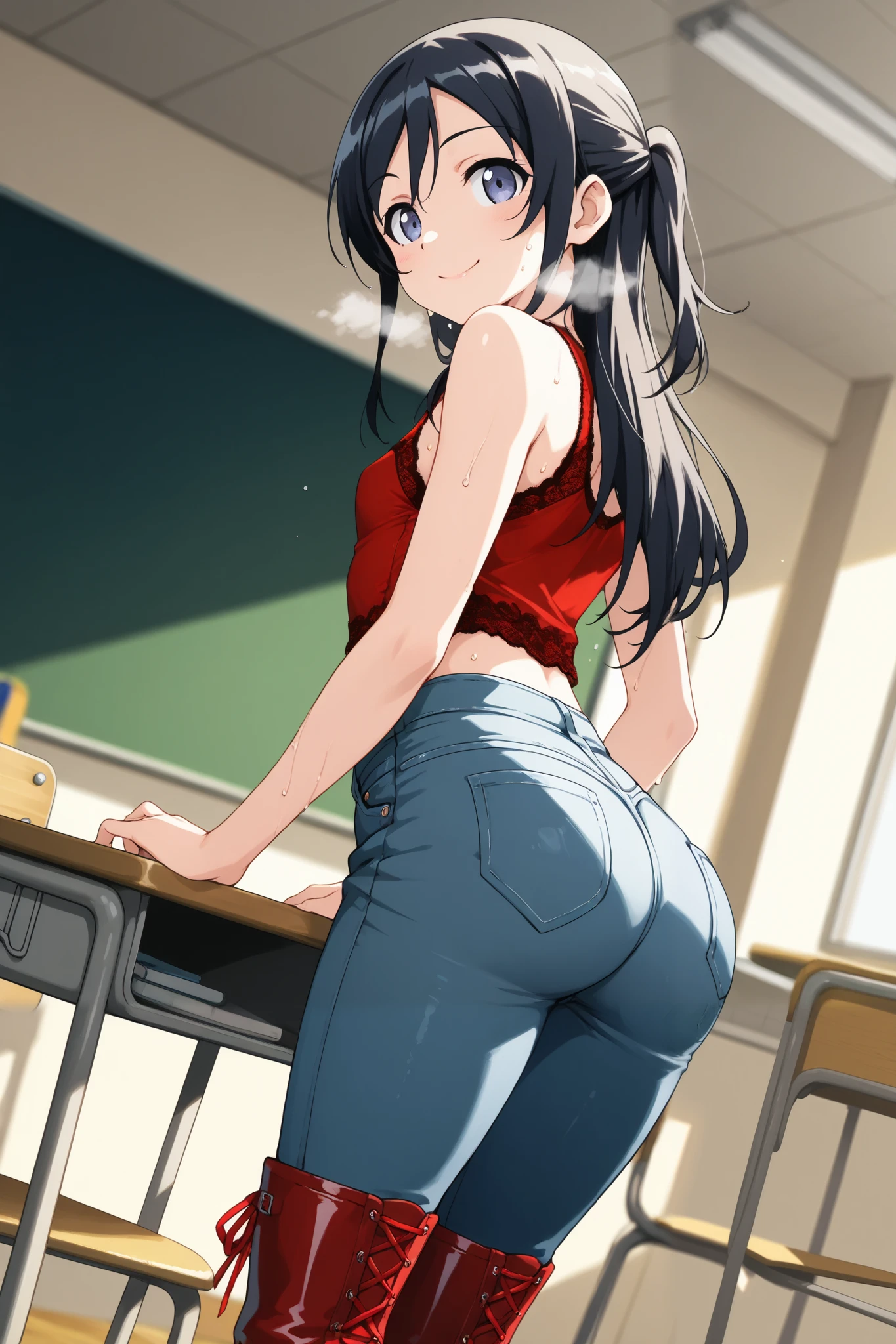 ayase_aragaki,1 female,solo,
I_,wet black hair,long hair,half updo,hair between eyes,blue eyes,
anime,looking at viewer,blurry background,
smile,classroom,school desk,school chair,chalkboard,
red leather tank-top,red lace up boots,thigh-high boots,high heels,jeans skirt(1.3),miniskirt,white panty,
beautiful legs,very thin thighs,thin calves,beautiful face,beautiful skin,small breast,nallow waist,butt close-up,smile,Sweaty,White Breath,I can see her panties,anatomically correct,
highest quality,masterpiece,high definition,soft lighting,
indoors,on bed,bed room,cowboy shot,dutch angle