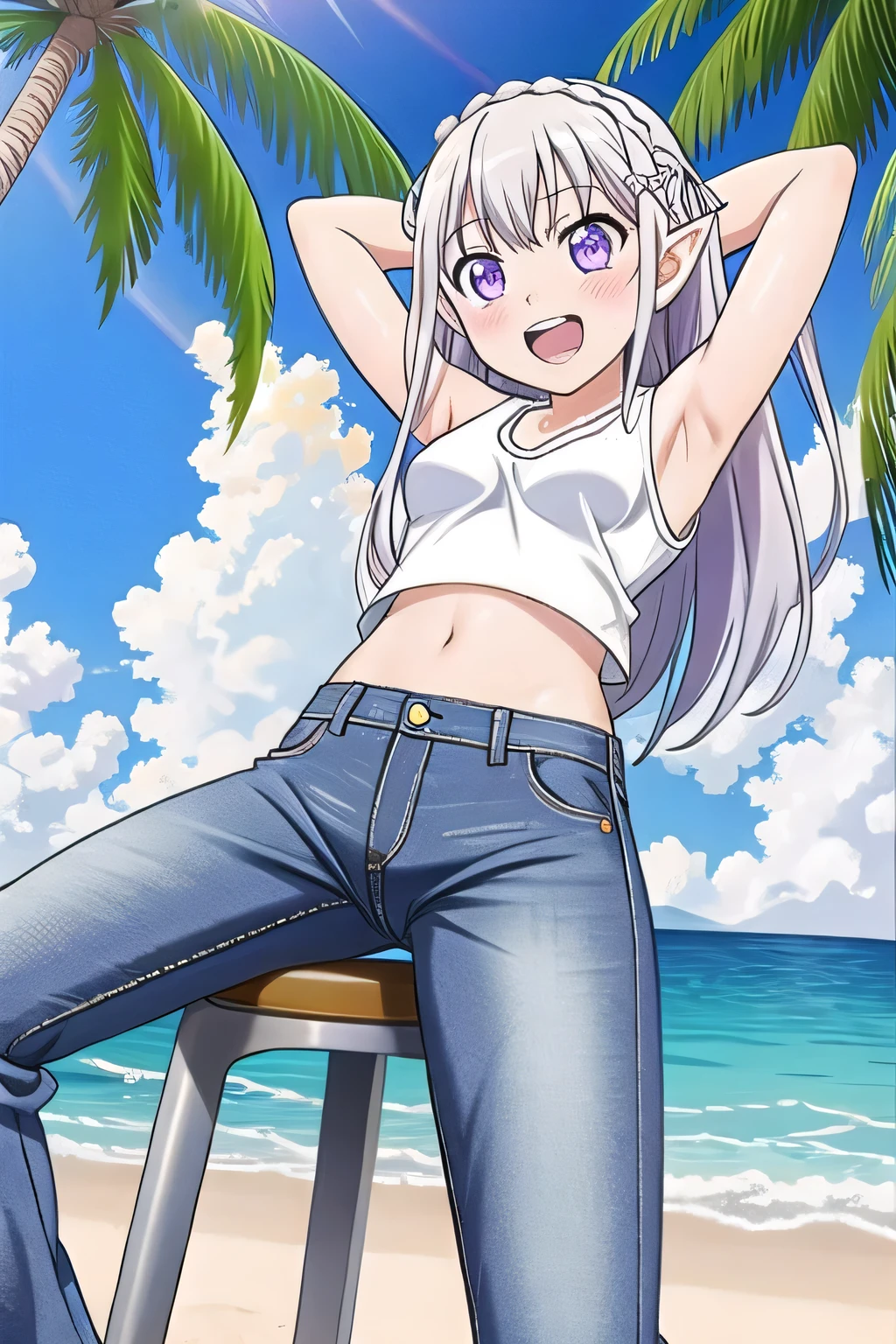 masterpiece,best quality,ultra detail, ((Perfect Face, Perfect Arms, Perfect hands, Perfect Fingers)), 1girl, , peti ((round face, ecstasy, orgasm face, drooping eyes, shame smiling, blush)), dropping eyes, sleepy, Open mouth, ((White teeth)), background((under the beach, (day:1.2), palm tree, bright sky)), emilia, braid, crown braid, flower, hair flower, hair ornament, hair ribbon, long hair, pointy ears, (purple eyes:1.2), white hair, x hair ornament, ((arms behind head, hands behind head, fingers behind head)), contrapposto, spread armpits, looking at viewer,, (white tank top:1.2), (white crop top:1.2), (jeans pants:1.2, flares jeans:1.2, skinny jeans:1.2, blue jeans:1.2), standing, (legs spread:1.4), sex pose, Sweaty crotch, Steam from the crotch, from below, ((full medium body))
