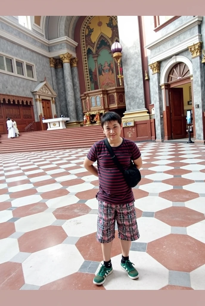 Anak kecil sedang duduk di masjid sendirian dan memakai jaket huruf R