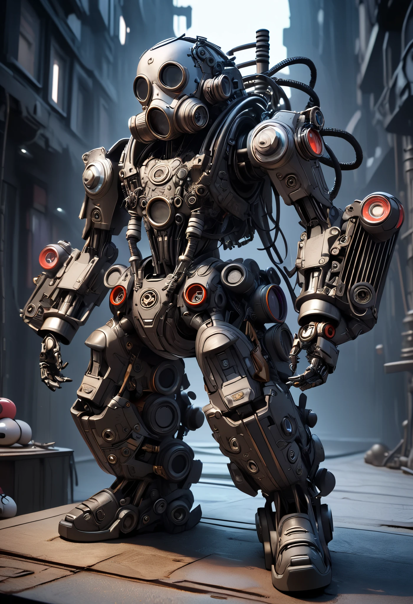 ((The textures are soft)), ((matte and toy-like with a handmade premium look)), ((Tim Burton style)), Dark, cyberpunk android, gas mask, intricate mechanical details, High Definition, masterpiece, Accurate, top quality, High Definition model, high detail,