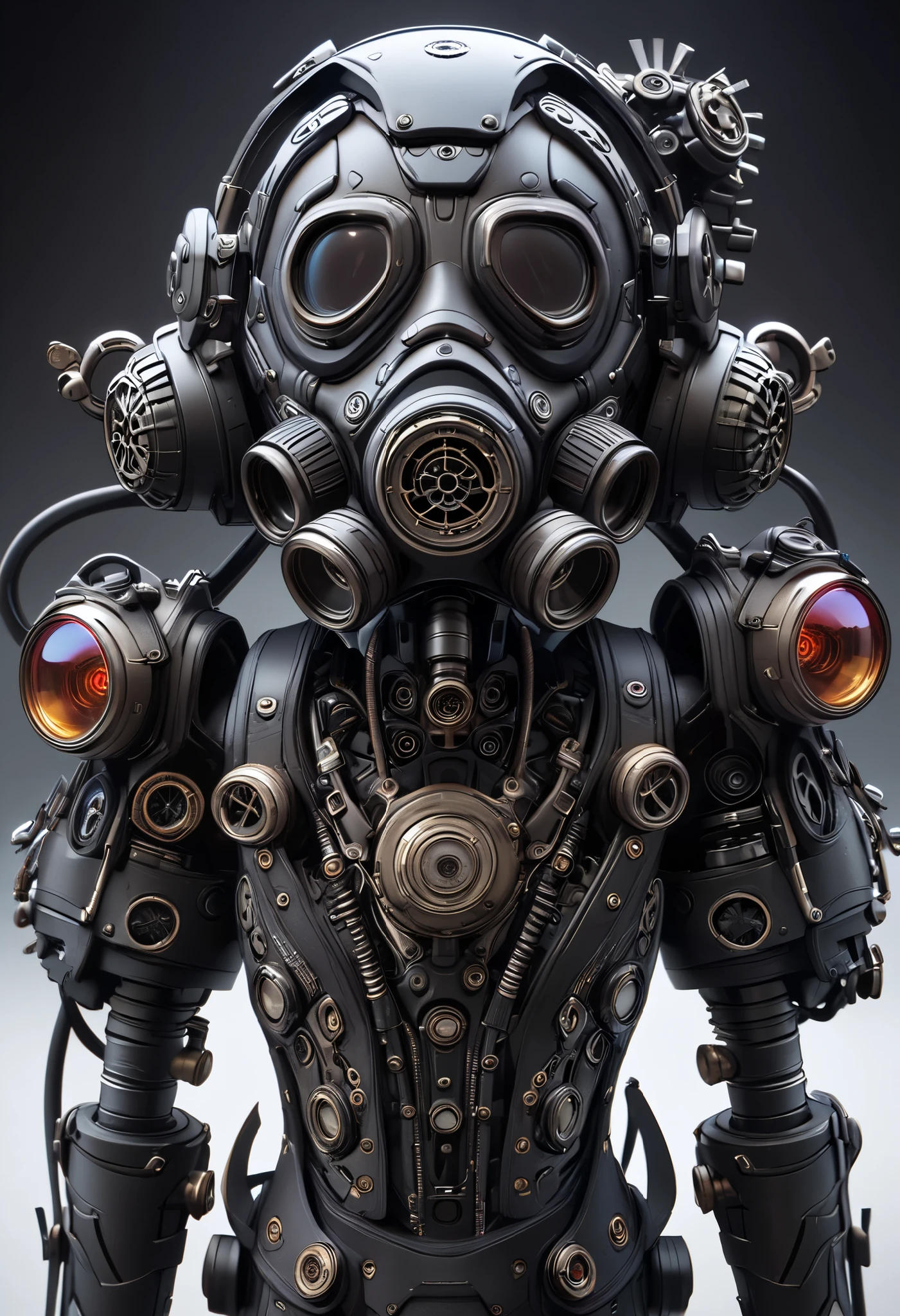 ((The textures are soft)), ((matte and toy-like with a handmade premium look)), ((Tim Burton style)), Dark, cyberpunk android, gas mask, intricate mechanical details, High Definition, masterpiece, Accurate, top quality, High Definition model, high detail,