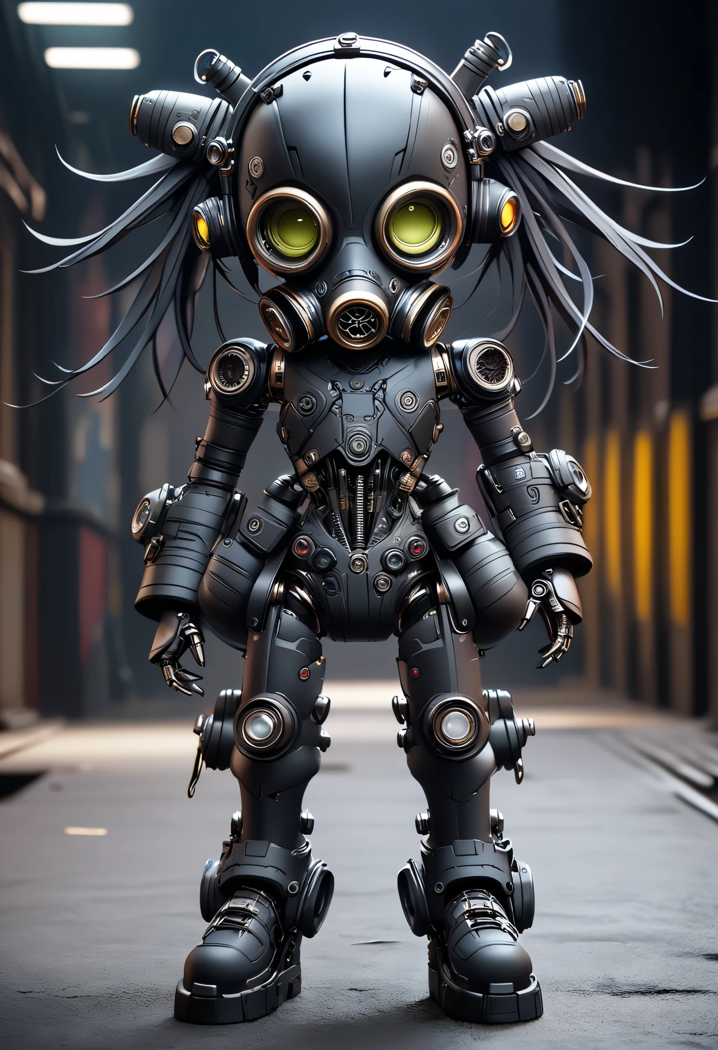 ((The textures are soft)), ((matte and toy-like with a handmade premium look)), ((Tim Burton style)), Dark, cyberpunk android, gas mask, intricate mechanical details, High Definition, masterpiece, Accurate, top quality, High Definition model, high detail,
