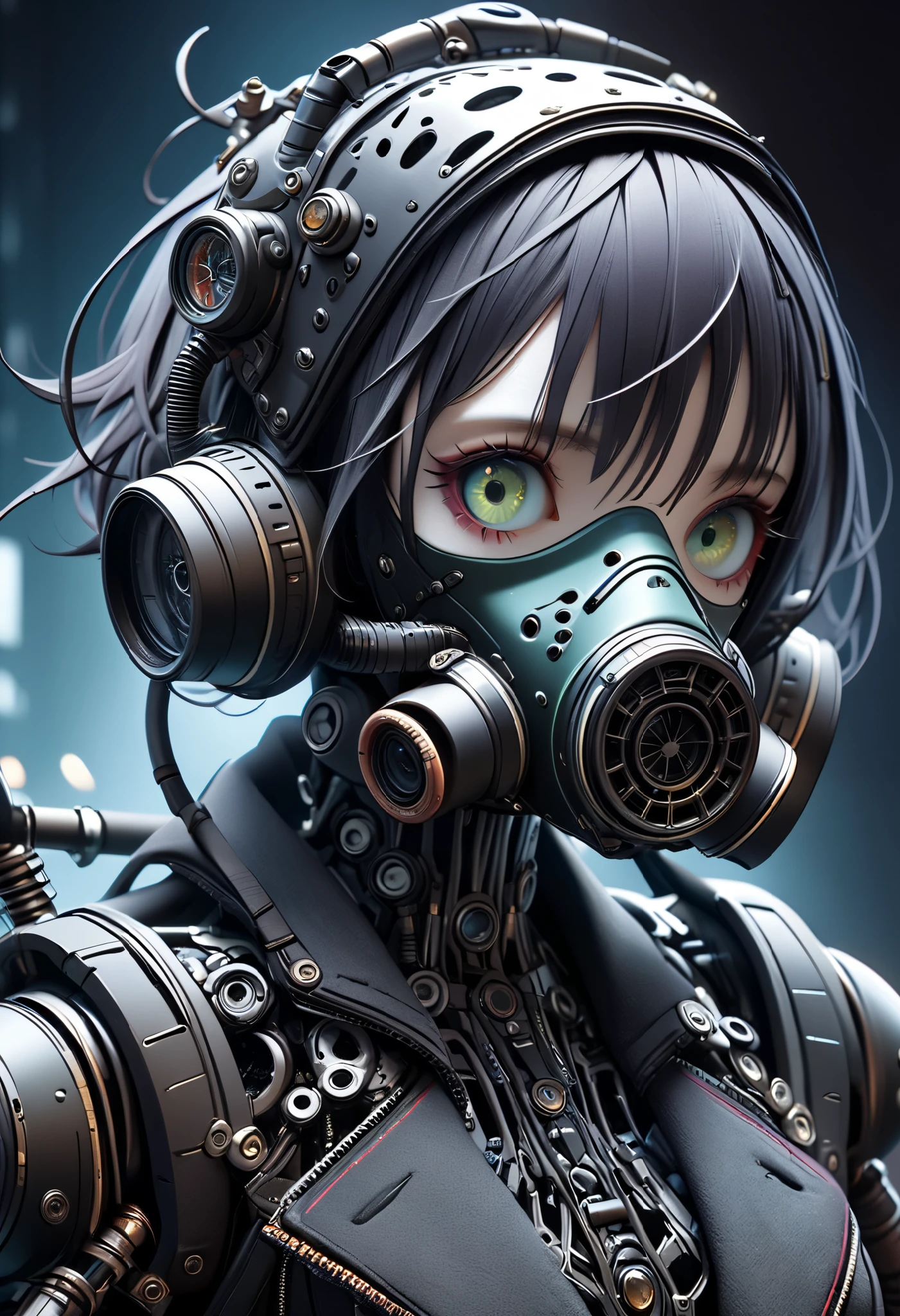 ((The textures are soft)), ((matte and toy-like with a handmade premium look)), ((Tim Burton style)), Dark, cyberpunk android, gas mask, intricate mechanical details, High Definition, masterpiece, Accurate, top quality, High Definition model, high detail,