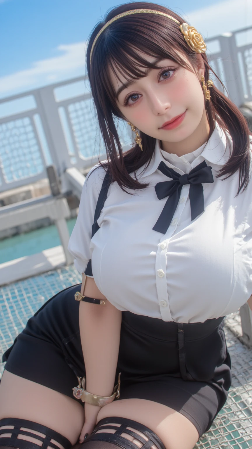 Masterpiece、highest quality、Woman 1、Long-limbed woman、Photo realistic、Super detailed、Gravure idol　Black Hair、short hair、Straight Hair　skirt、shirt、No sleeve　Sideide boob】、Large Breasts、Underarm　Raise your arms、Gravure pose