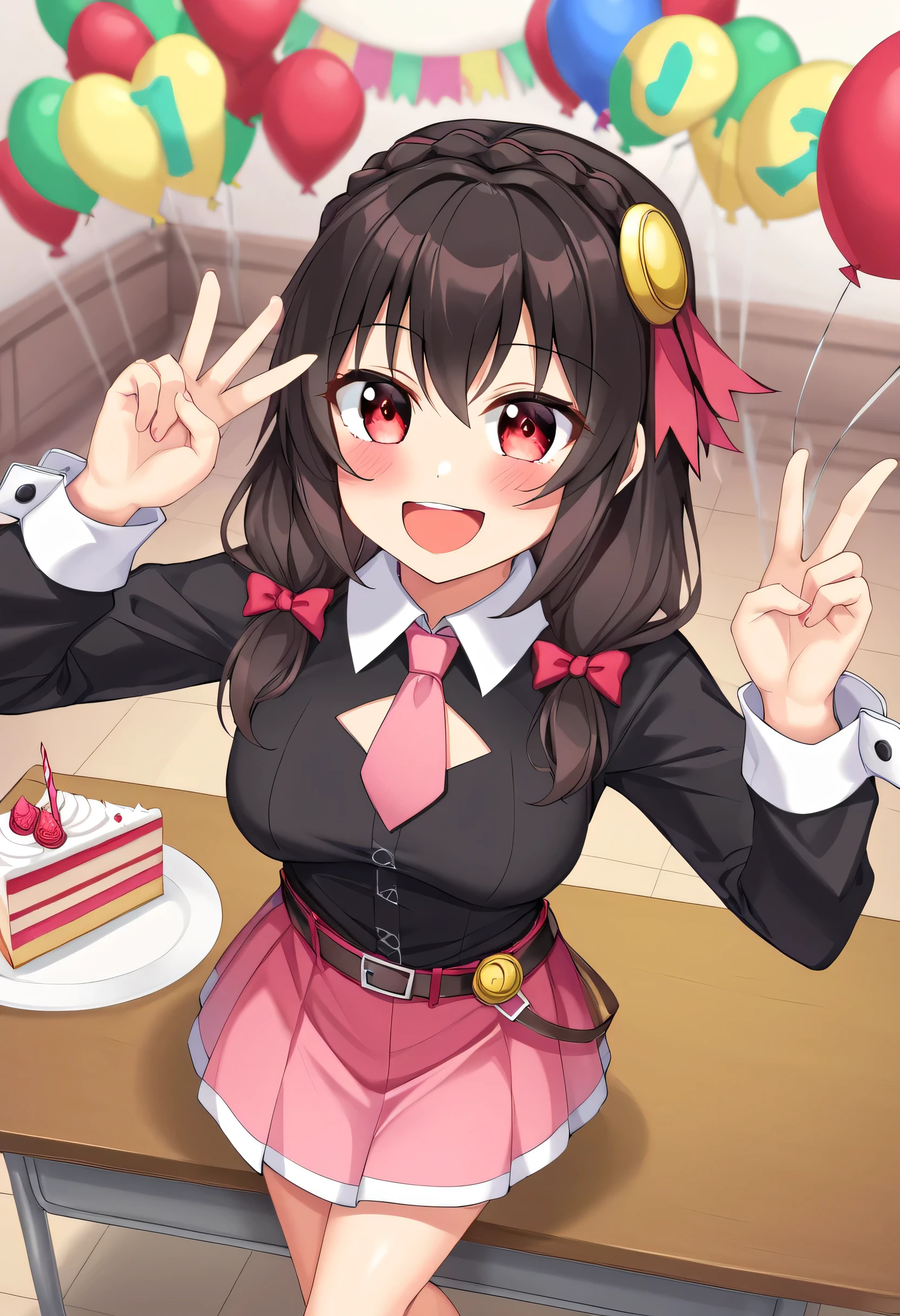 Yunyun、Yunyun、 HD、 High Quality 、solo、1 person、 red eyes、Black Hair、 Crown blade the same color as my hair 、 Hair Accessory、 pink tie、Black long sleeve、 Pink Skirt 、 happy smile、blush、belt,  Outfit Cutout,  creevage cutout、indoor、Standing、birthday cake on desk、Birthday Party、 open your mouth and laugh、 one hand is a peace sign