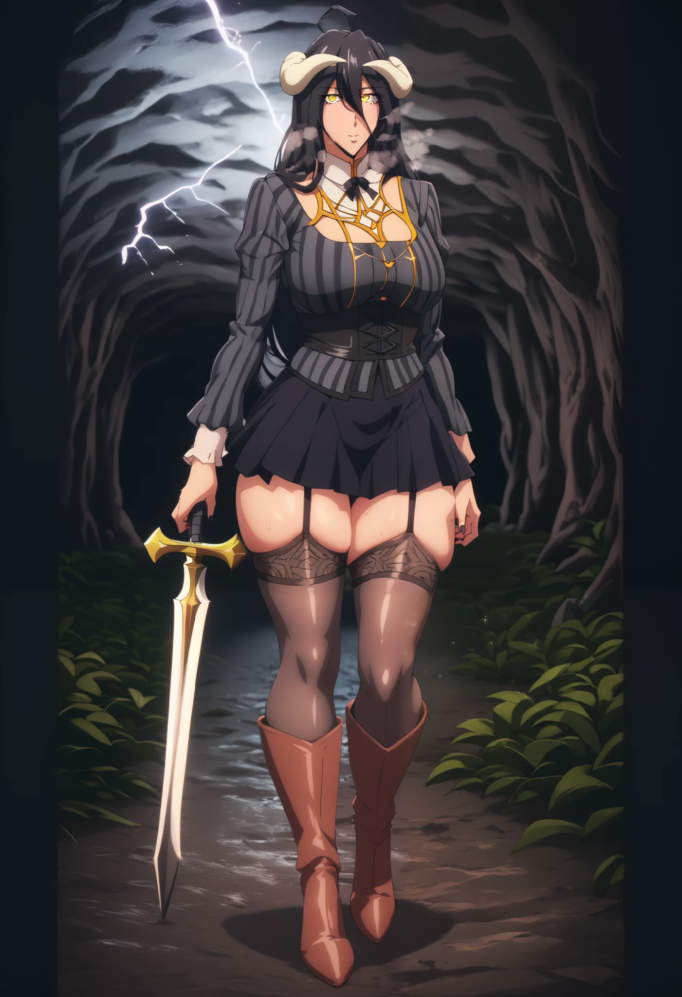 aRoodNoodle,artstyle, soft colors, pastel colors, desaturated, score_9, score_8_up, score_7_up, score_6_up, score_5_up, score_4_up, uncensored, albedo \(overlord\), black hair, long hair, demon horns, slit pupils, yellow eyes, mature female, anime coloring, anime screencap, shiny skin, (voluptuous:1.3), (thick:1.3), BREAK UHD, retina, masterpiece, accurate, anatomically correct, textured skin, super detail, high details, high quality, award winning, best quality, highres, 4K, black nails, makeup, eyelashes, excessive sweating, sweating, sweating drop, (gasping, heavy breathing:1.3), (skindentation:1.2), perfect eyes, beautiful eyes, eyelashes, makeup, detailed body, perfect body, BREAK, collared shirt, long sleeves, black ribbon, neck ribbon, vertical-striped shirt, black corset, dark red skirt, pleated skirt, frilled skirt, 1girl, holding sword, zettai ryouiki, boots, cave, forest, night, bokeh, field, looking at viewer, gloomy expression, electricity,