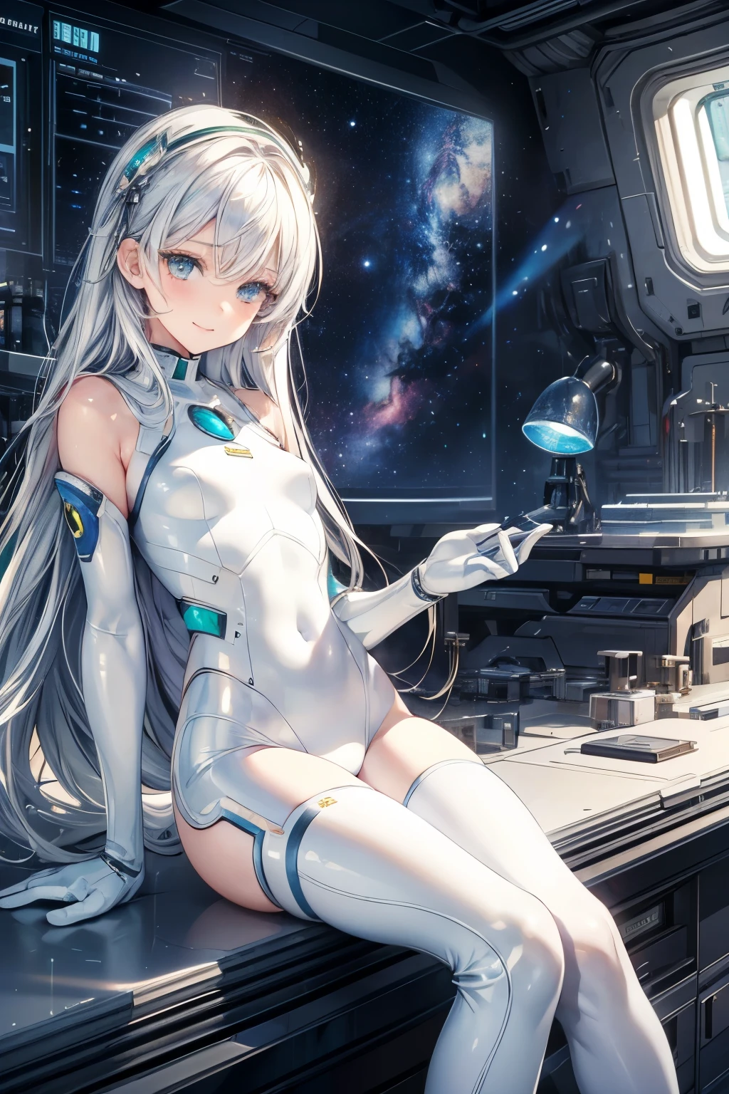 masterpiece, best quality , very detailed on trends,photo realistic, realistic, Ultra High Resolution, masterpiece, beautiful girl, Age,White Hair, straight hair, emerald eyes , perfect eyes, small breasts , so cute,smile, Science Fiction,white tight suit, up ,universe,Milky Way, is sitting,Machine room