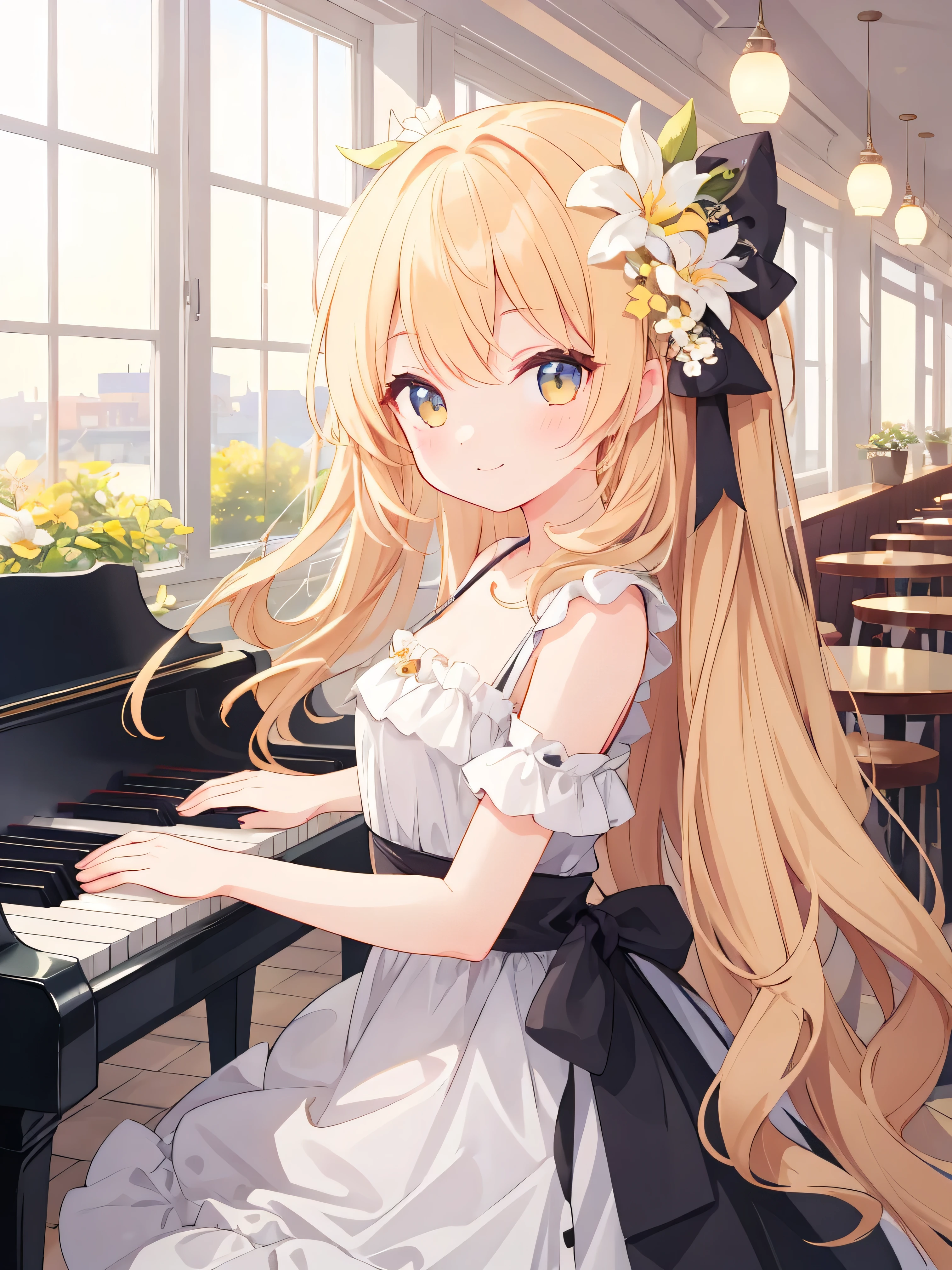 masterpiece, best quality , beauty, high resolution , Perfect Anatomy , Top、 a girl 、 plays piano in a cafe on a sunny afternoon 、Piano playing in a cafe、Bird Flower 、Graceful、dress、 Light Yellow Long Hair 、Beautiful、 High detail, Texture Skin , Ultra HD , 典雅,Single ,Smile