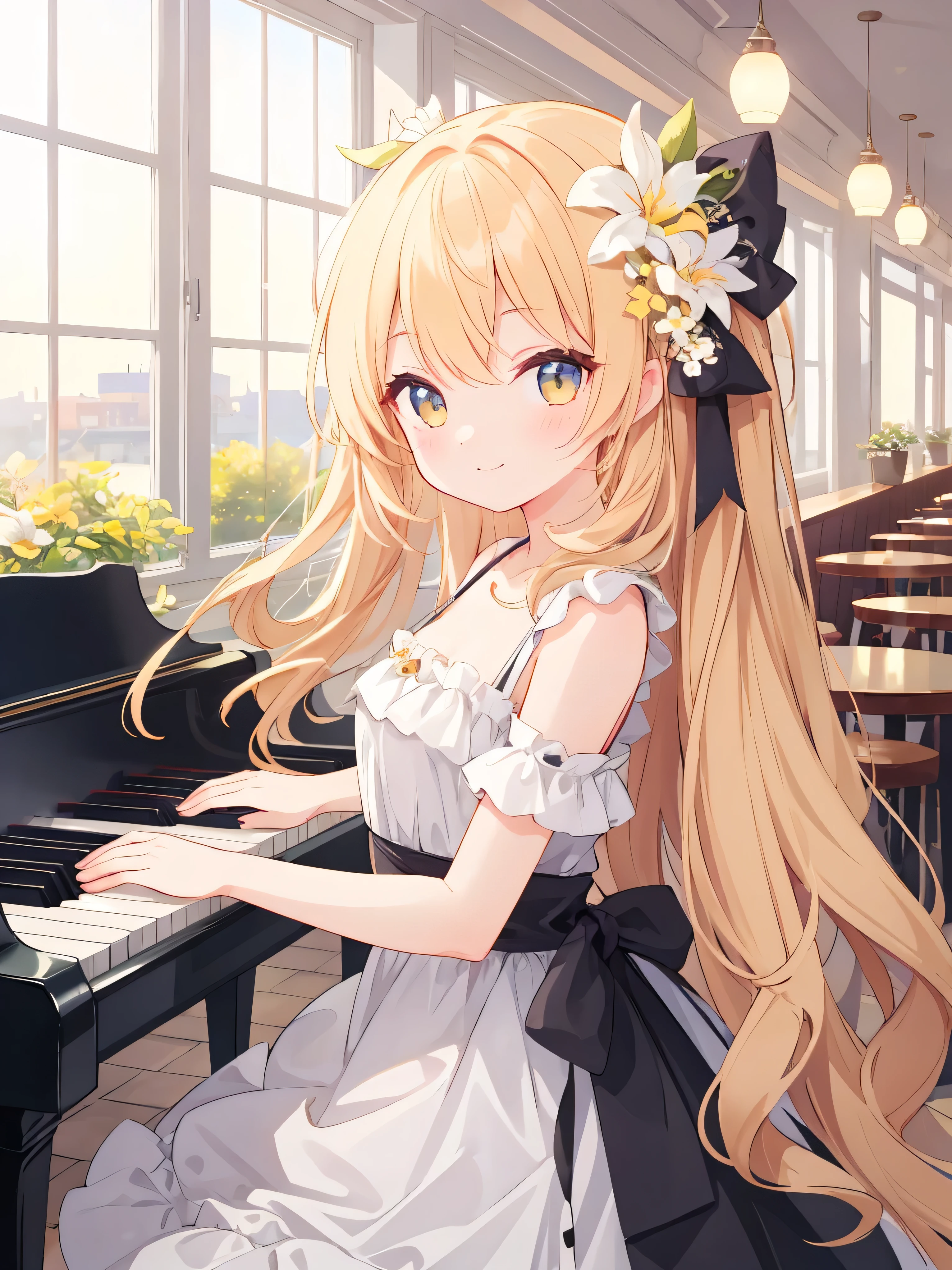 masterpiece, best quality , beauty, high resolution , Perfect Anatomy , Top、 a girl 、 plays piano in a cafe on a sunny afternoon 、Piano playing in a cafe、Bird Flower 、Graceful、dress、 Light Yellow Long Hair 、Beautiful、 High detail, Texture Skin , Ultra HD , 典雅,Single ,Smile