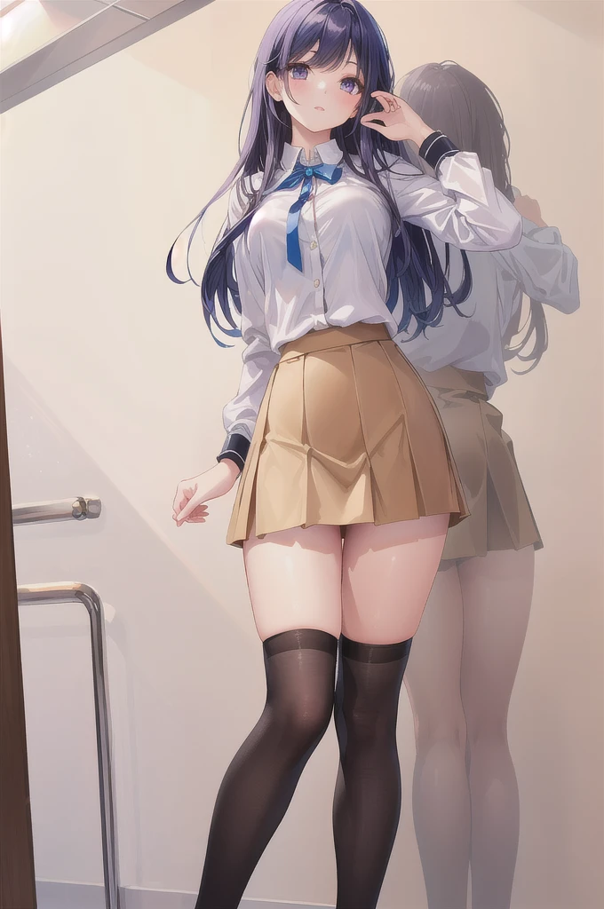 very cute and beautiful girl,(Very detailed美しい顔), (smile),blush,Black Hair,Seraphim,(Pleated navy blue mini skirt),Are standing,(From below),(Lacy white panties), Wooden classroom,window,Distant Tree々and the city, (Highest quality,masterpiece:1.0),Absurd,High resolution,Super detailed,Very detailed,32k,8K resolution, Intricate details,Movie Scenes,Detailed Background,alone,Dynamic Angle,