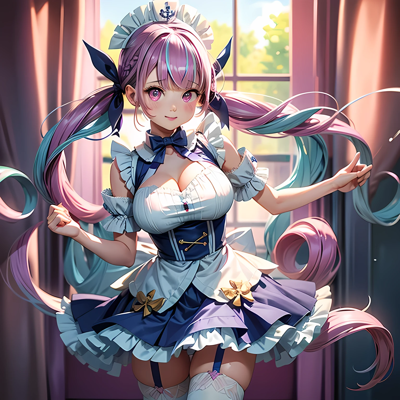 (( best quality )),(masterpiece, best image quality:1.4),(8k, RAW photos , realistic:1.2), (( Minato Aqua from Hololive)), (Anatomical),  with well-groomed cute faces、smile、 Closed Mouth、(Big eyes have beautiful white eyes and purple eyes:1.3)、 Height１４8㎝、 light purple or pink hair 、 light purple or pink hair 、Light blue sash 、 twin-tail hair curled in a circle、 blue twin tail ribbon 、Blue and white maid outfit、 garter belt stockings 、(Round Breasts:1.4)、Thin legs、 very sexy 、Be very energetic、 cute idol 、Anatomicalな手、perfect hand、 light blue nails 、