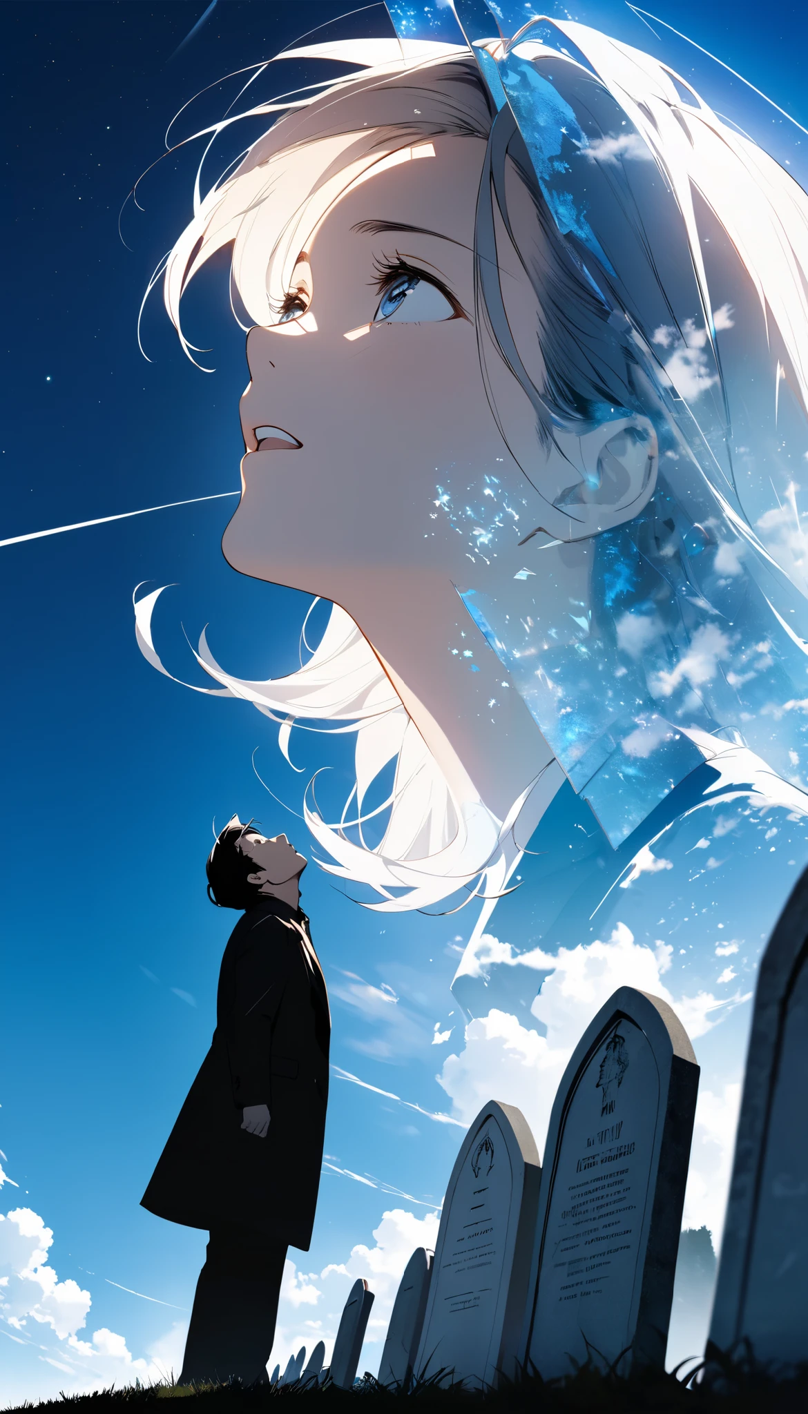 Anime girl looking up at a sky with a star in her hair - SeaArt AI