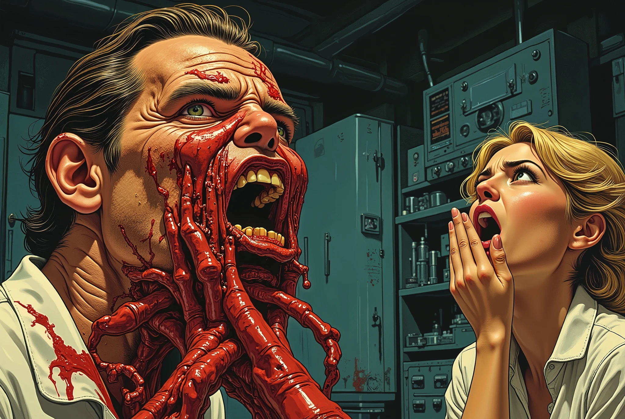 60's horror film, man with melting face, radiation burns, terrified blonde covering her mouth as she screams in fear, in secret laboratory, burning the flesh off mad scientist, sucking in his bones and entrails, lurid vivid colors, retro 60s sci-fi horror movie aesthetic, bloody, gory, scary, movie poster vibe, bold colors, detailed, erotic, NSFW, lurid and vivid colors, detailed, intricate, gouache paints, European fumetto style, Frazetta, Mort Künstler, Basil Gogos, Graham "Ghastly" Ingels, volumetric lighting, classic horror comic aesthetic