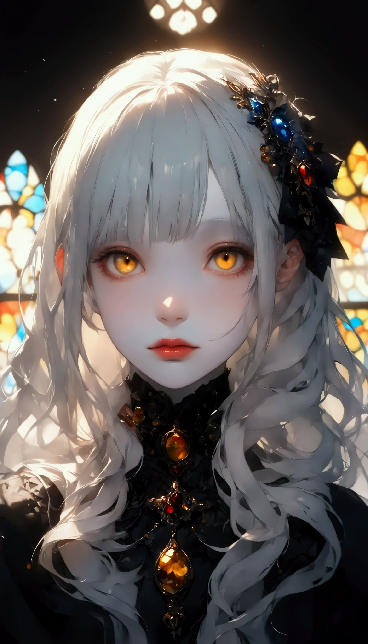 (U high resolution, retina, Masterpiece,  accurate,   replaces an anatomically correct  ,  textured skin,  very detailed,  Attention to Details,  High Quality , 最 High Quality ,  high resolution, 1080P,  high resolution, 4K, 8k, 16k), ( beautiful details,  tall beautiful lip detail,  very detailedな目と顔,  yellow eyes, Gray Hair),   studio lighting ,  Physically Based Rendering ,  bright colors, ( Gothic Dress), ( portrait,  shiny hair,   shiny skin with s), [ Stained Glass Windows , Bokeh], (Tilt your head at an angle:1.5), Eye Reflexes, (:1.5), (Gothic art,  blue-white skin,  from above:1.5),  black and white,