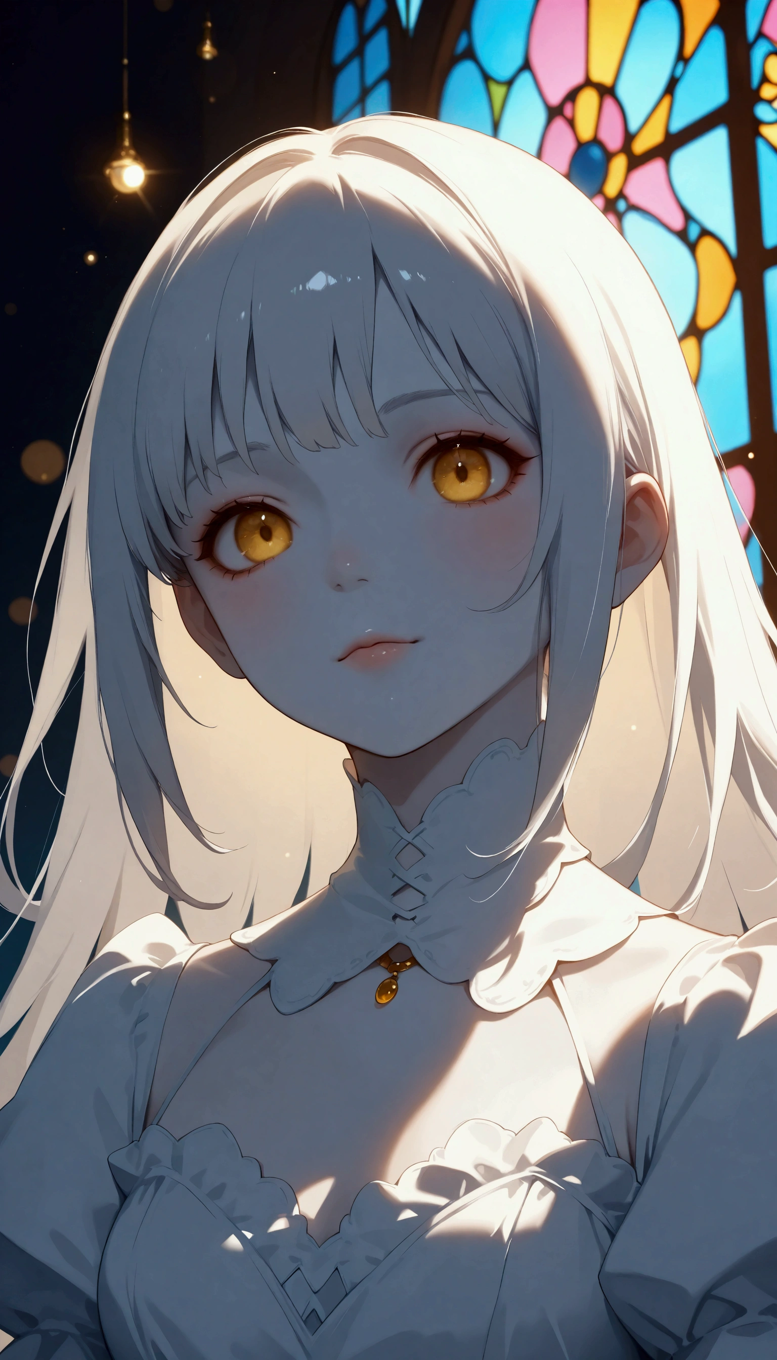 (U high resolution, retina, Masterpiece,  accurate,  replaces an anatomically correct  ,  textured skin,  very detailed,  Attention to Details,  High Quality , 最 High Quality ,  high resolution, 1080P,  high resolution, 4K, 8k, 16k), ( beautiful details,  tall beautiful lip detail,  very detailedな目と顔,  yellow eyes, Gray Hair),  studio lighting ,  Physically Based Rendering ,  bright colors, ( Gothic Dress), ( portrait,  shiny hair,  shiny skin with s), [ Stained Glass Windows , Bokeh], (Tilt your head at an angle:1.5), Eye Reflexes, (:1.5), (Gothic art,  blue-white skin,  from above:1.5)