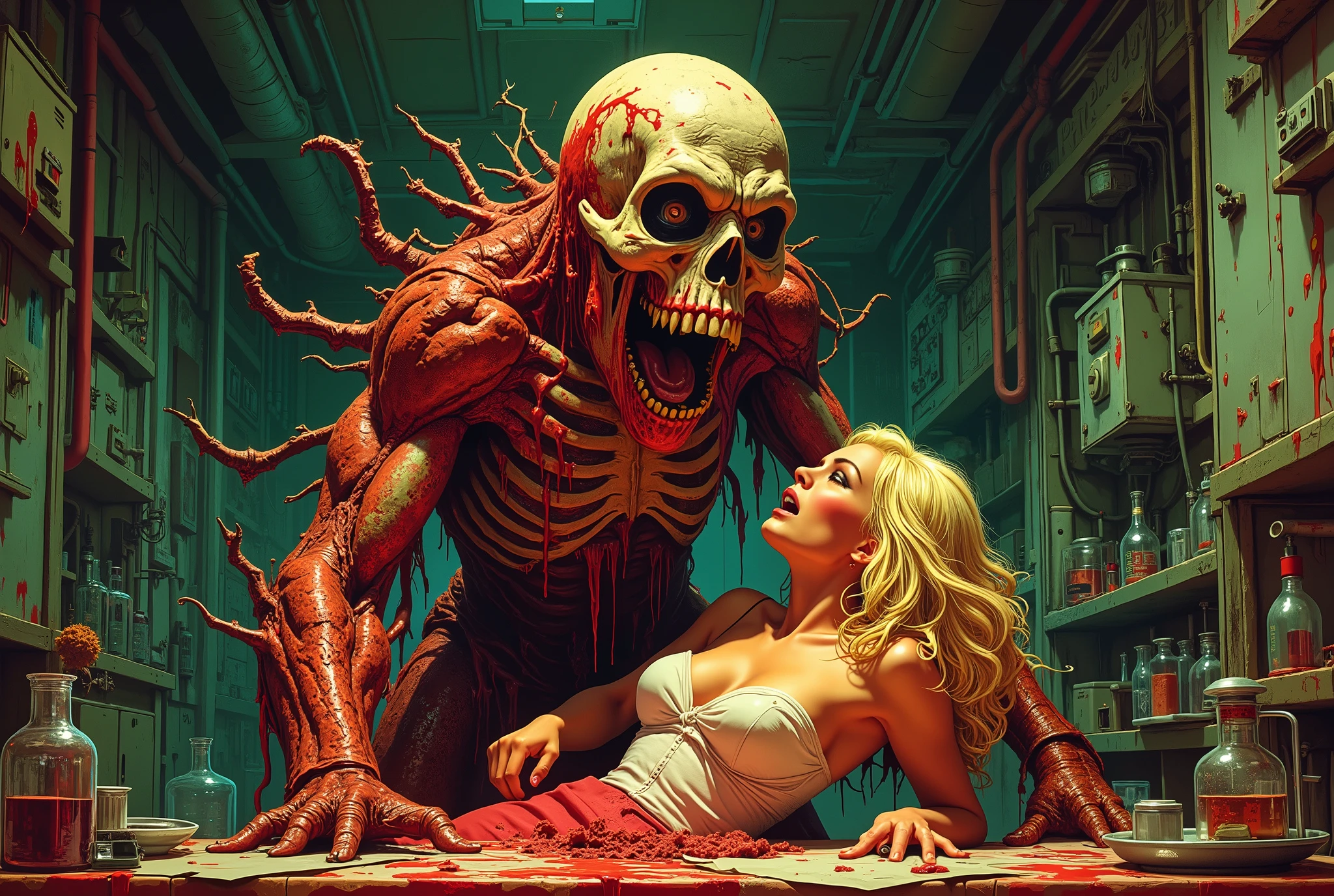 60's horror film, man with melting formless face, radioactive man, terrorizing blonde scream queen in laboratory, burning the flesh off mad scientist, sucking in his bones and entrails, lurid vivid colors, 60s sci-fi horror movie aesthetic, bloody, grey, scary, movie poster vibe, bold colors, detailed, erotic, NSFW, lurid and vivid colors, detailed, intricate, gouache paints, European fumetto style, Frazetta, Mort Künstler,